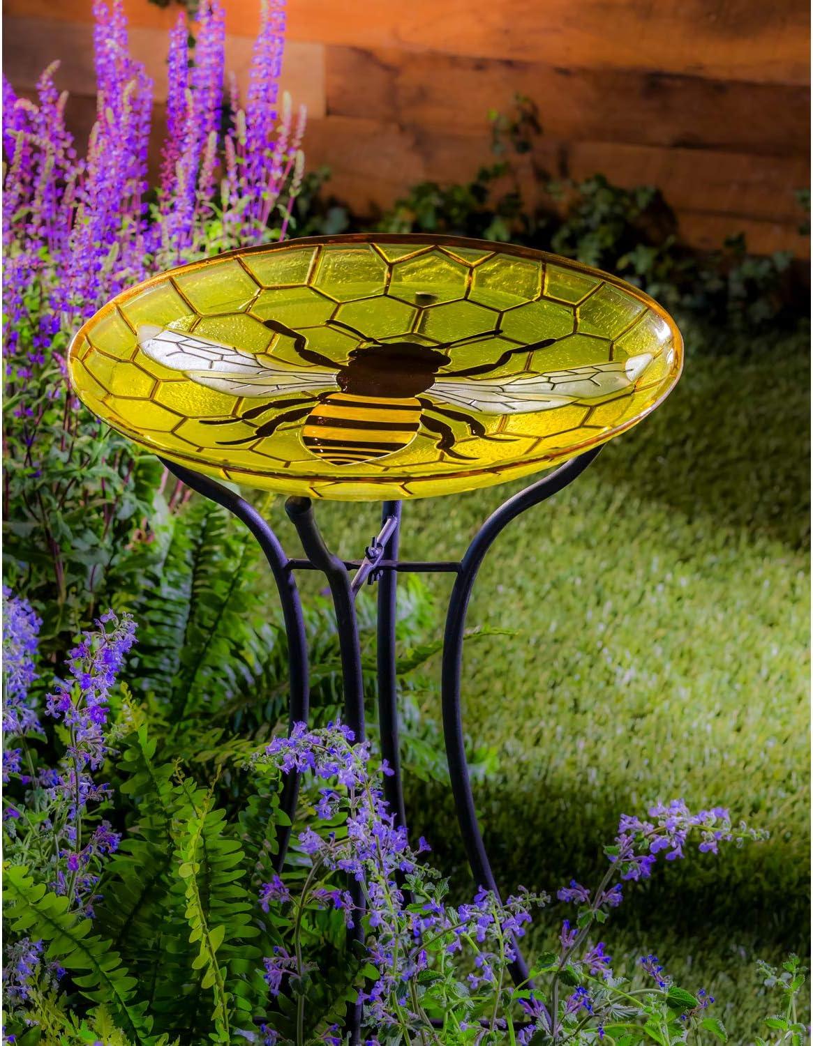Evergreen 18" Glass Bird Bath, Bee, 18'' x 3'' x 18'' inches