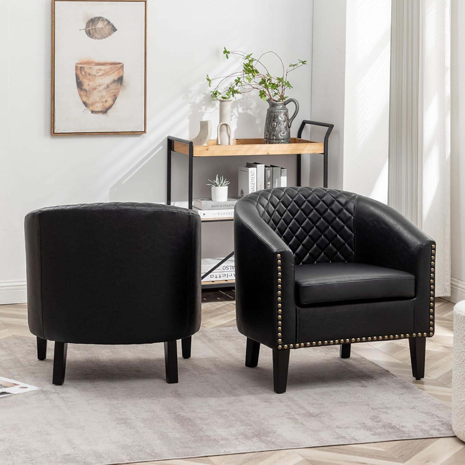 Black Faux Leather Barrel Chairs with Nailhead Trim, Set of 2