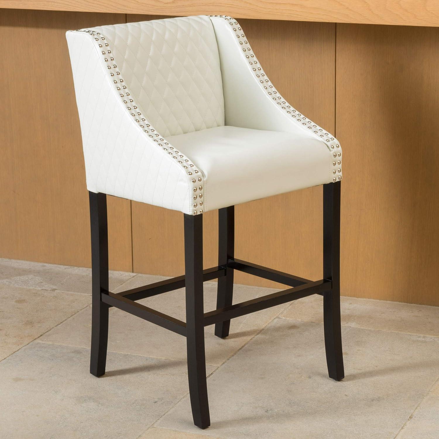 Ivory Quilted Leather Bar Stool with Black Wood Legs