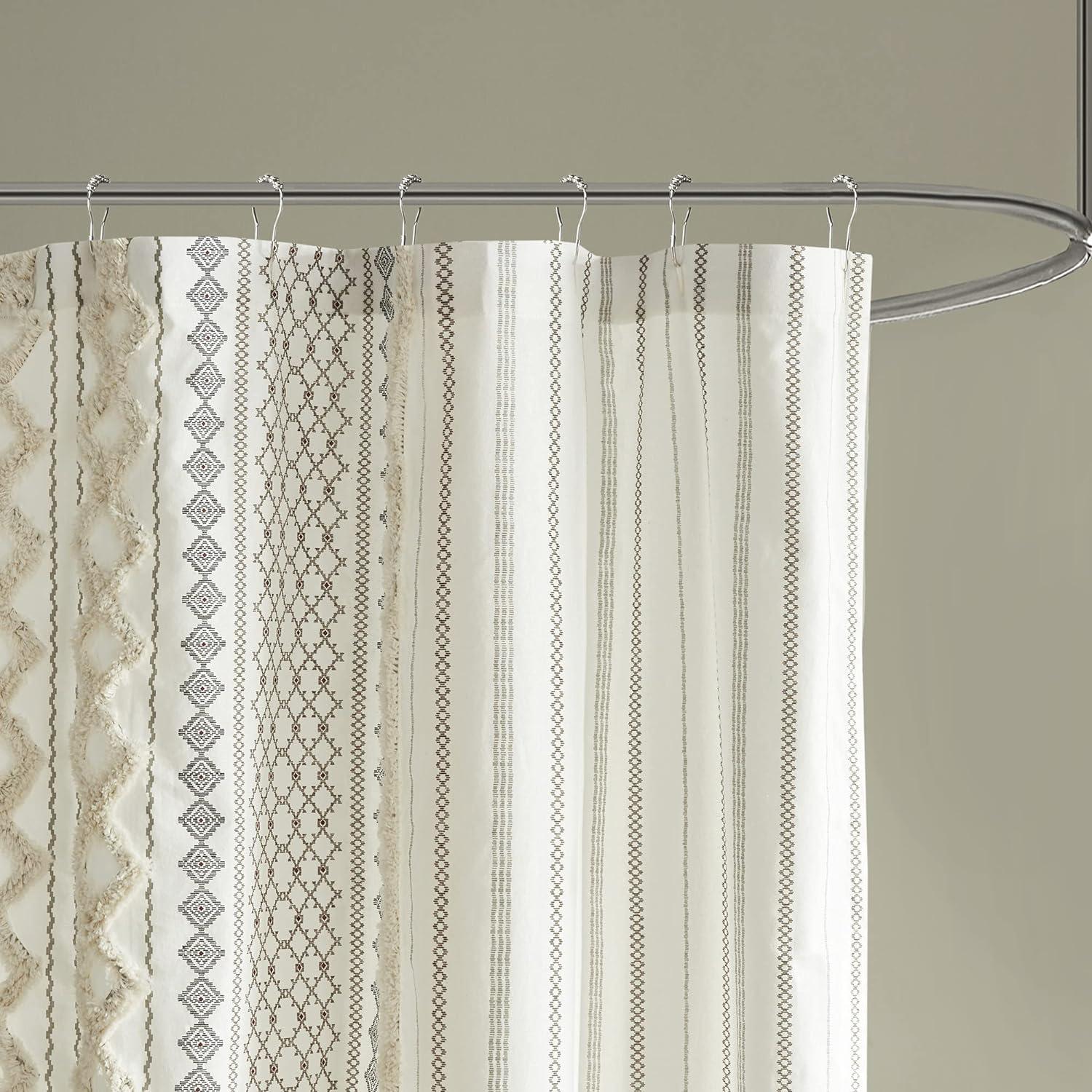 Ivory Cotton Shower Curtain with Chenille Stripe, 72in