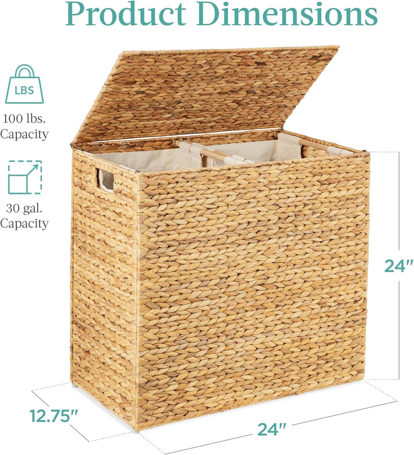 Best Choice Products Large Natural Water Hyacinth Double Laundry Hamper Basket w/ 2 Liner Bags, Handles