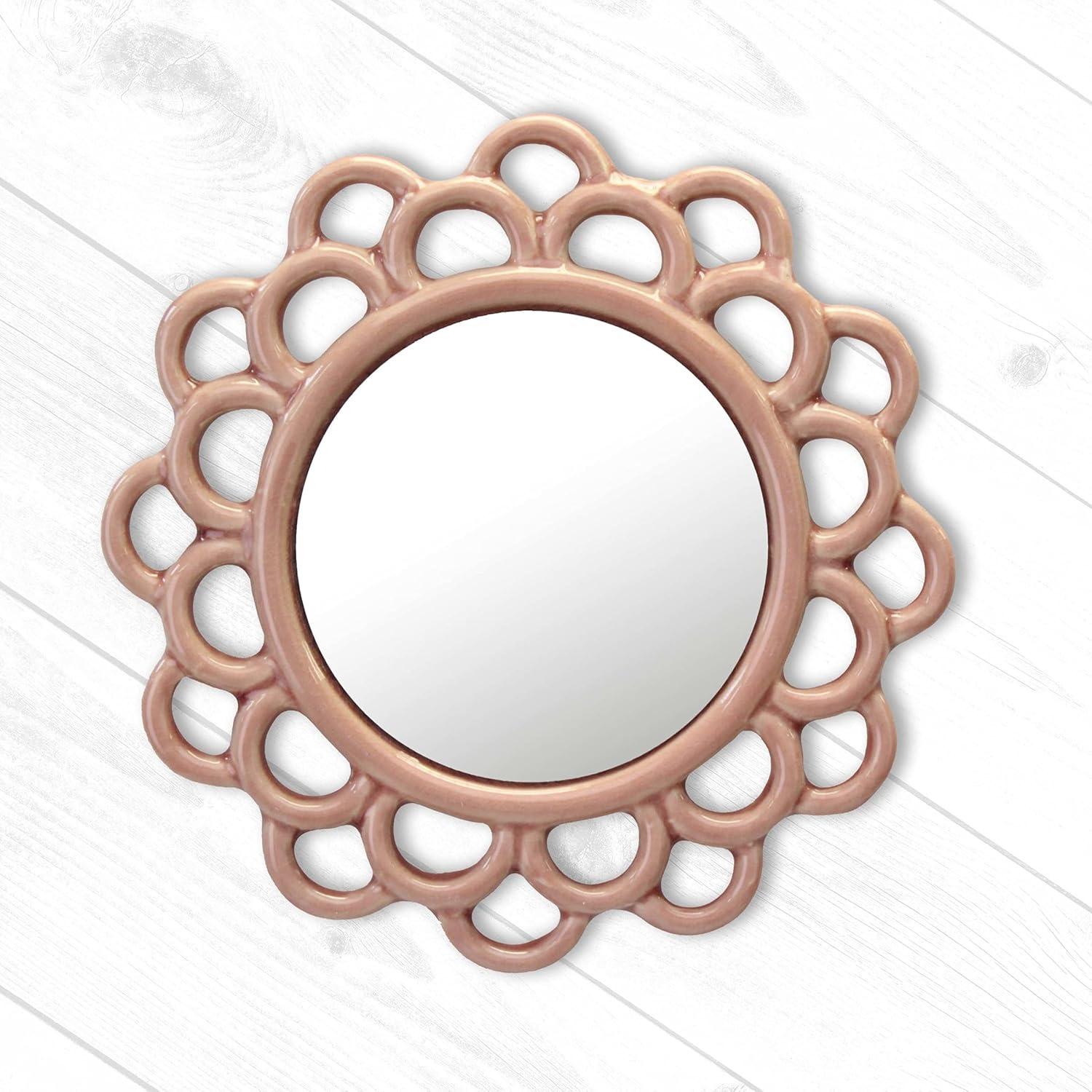9" Decorative Round Floral Ceramic Wall Hanging Mirror Pink - Stonebriar Collection: Elegant Scalloped Edge, Keyhole Hanger