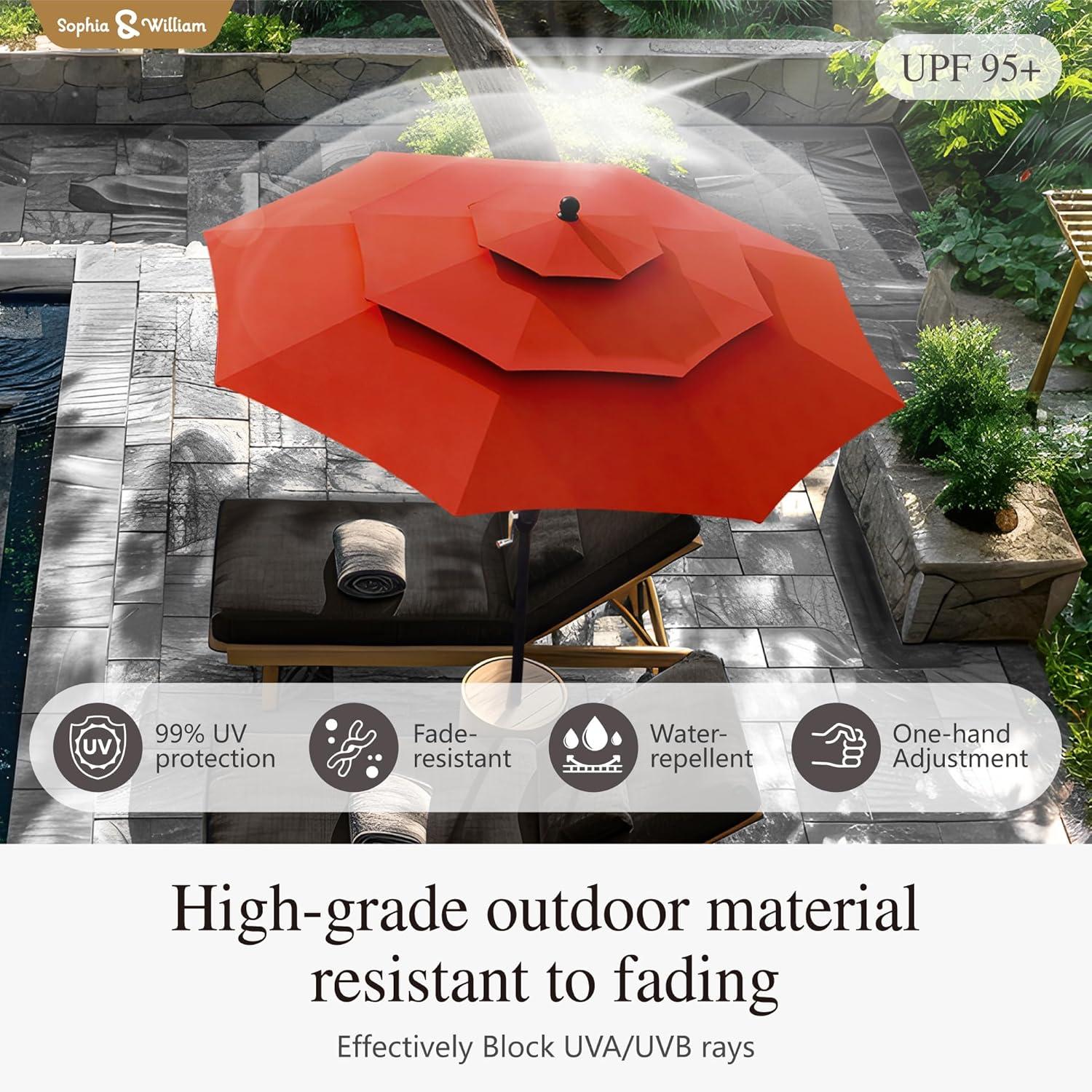 10ft Orange Red Polyester 3-Tier Vented Patio Umbrella with Auto-Tilt