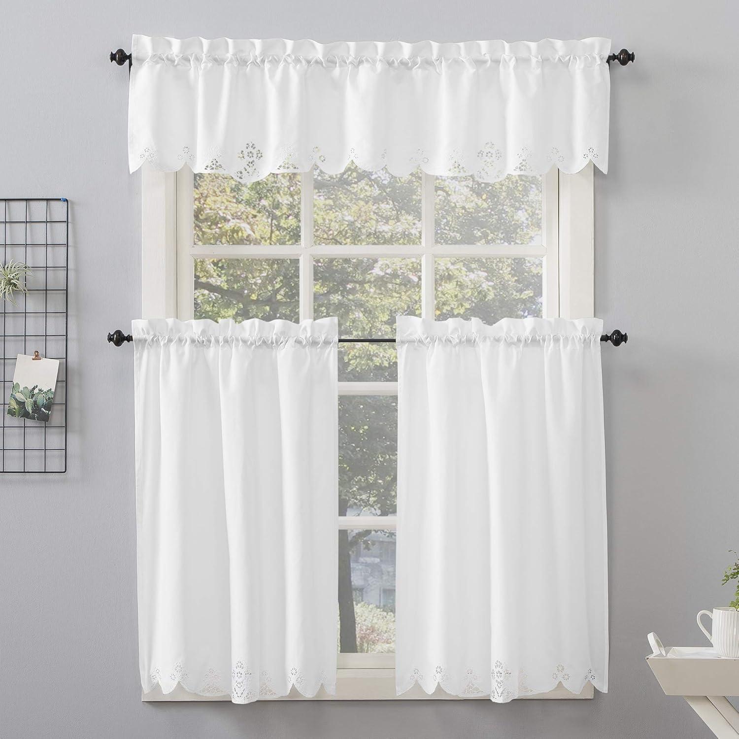 14"x58" Mariela Floral Trim Semi-Sheer Rod Pocket Kitchen Window Valance and Tiers Set White - No. 918: Light Filtering Kitchen Curtains Set
