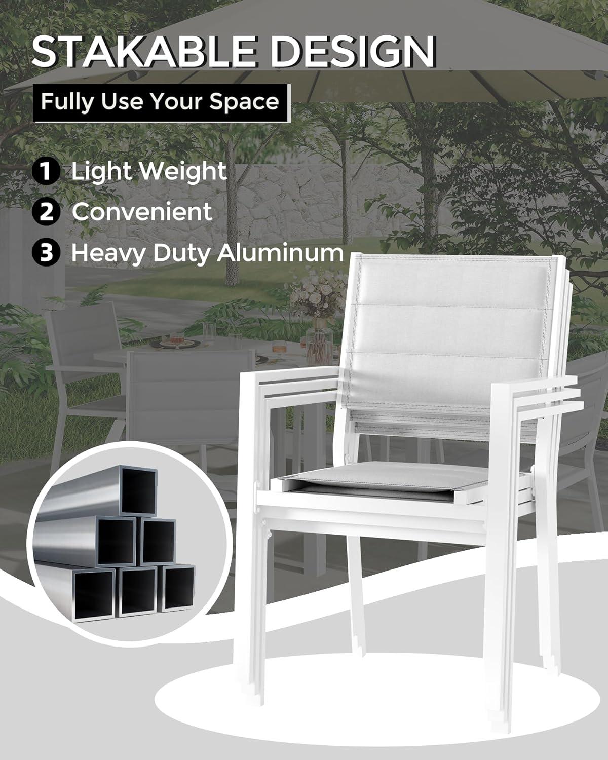 Patio Stackable Chairs Set of 2, Outdoor Aluminum Stacking Dining Chairs with Textilene Fabric for Outdoor, Patio, Deck, Backyard, White