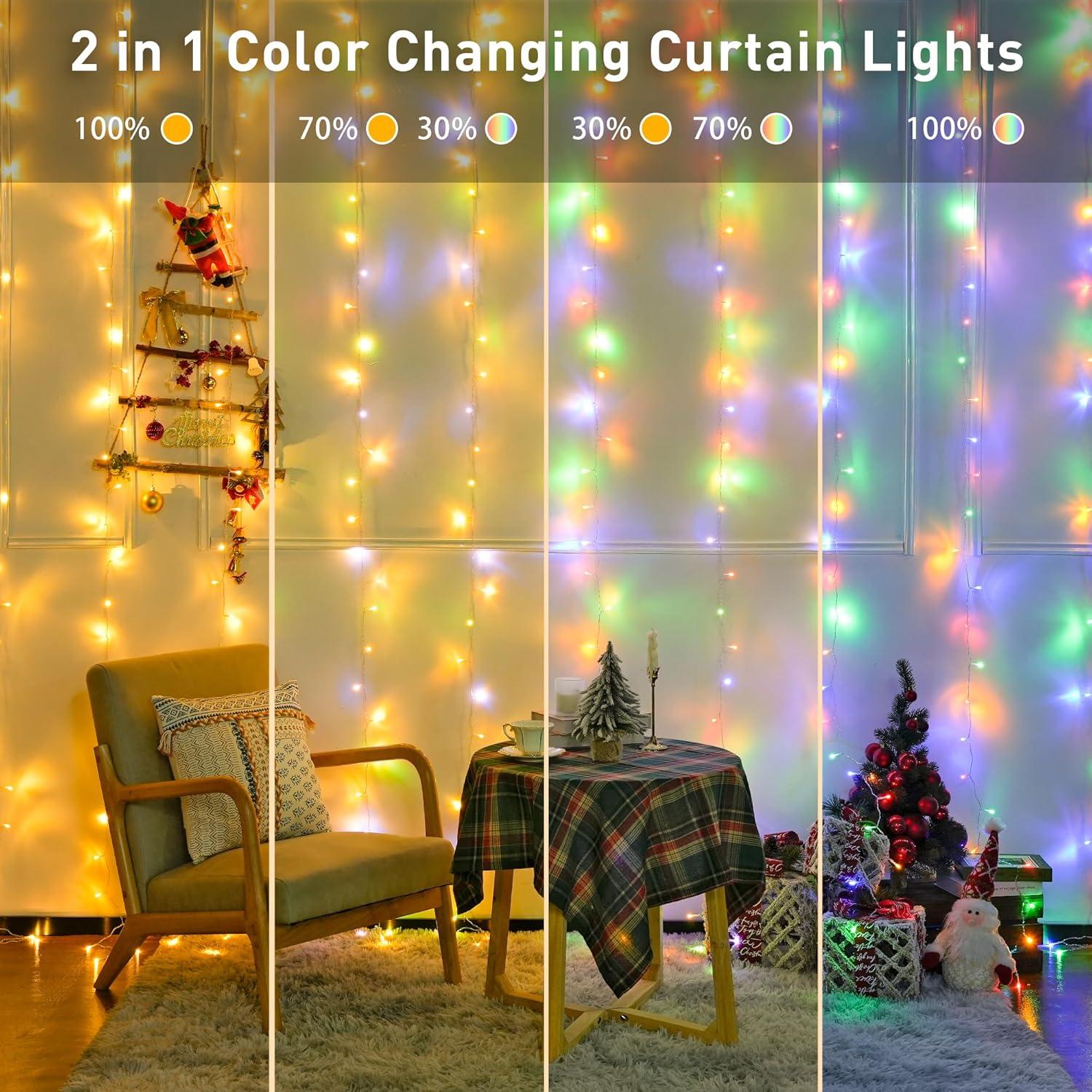 Warm White and Multicolor 300 LED Curtain Fairy Lights