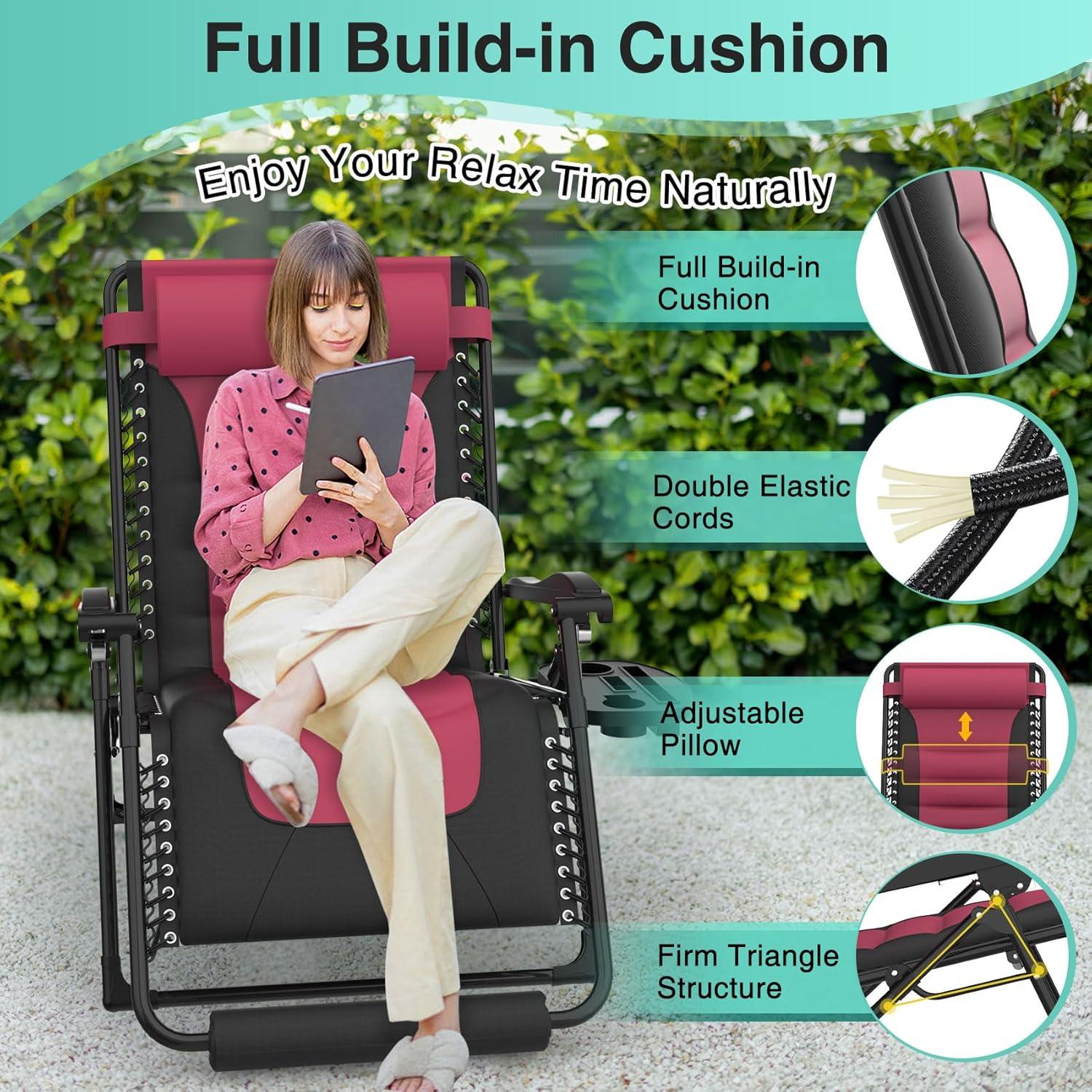 Suteck Oversized Zero Gravity Chair 29In XL Reclining Camping Chair w/Build-in Cushion, Outdoor Lounge Chairs Patio Recliner with Larger Cup Holder Footrest Padded Headrest, 330LBS, Claret&Black