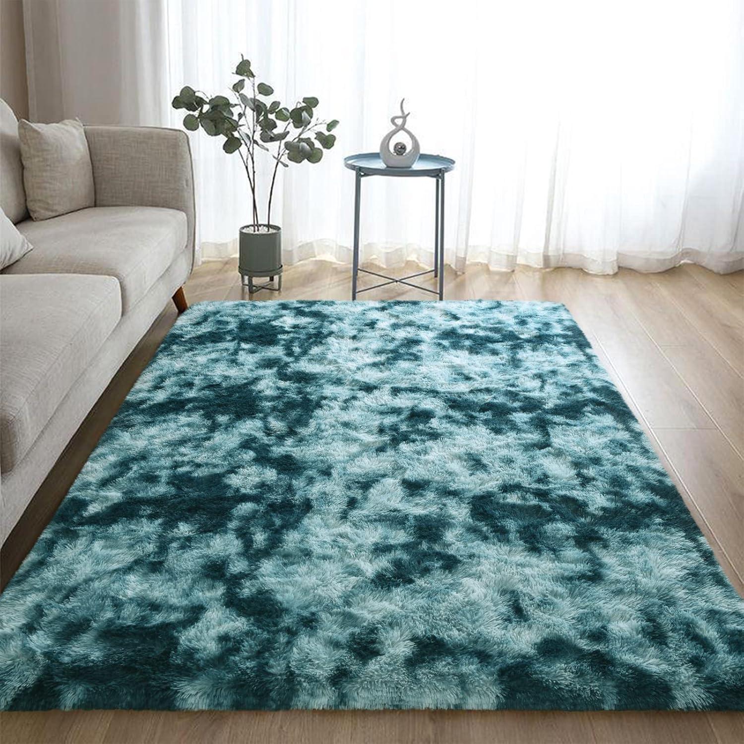 DweIke Fluffy Peacock Blue Rugs for Bedroom Living Room, 3x5 Feet Soft Plush Shaggy Tie-Dyed Teal Blue Girls Boys Kids Rug, Upgraded Non-Slip and Machine Washable Carpet for Dorm Nursery Decor
