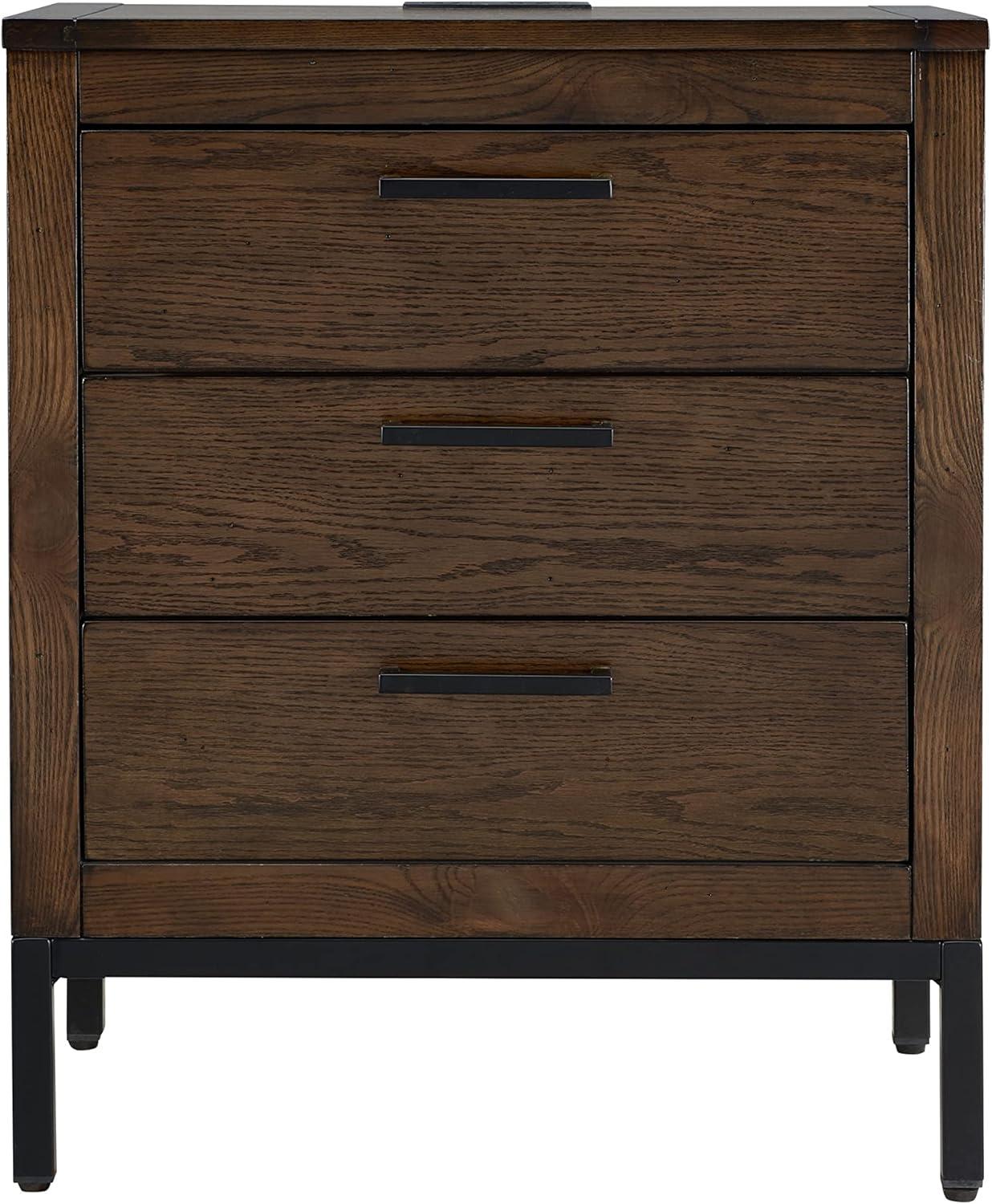 Tableau Nightstand Side Table With Top Drawer and Hidden Lower Cabinet Rustic Modern – USB-C Fast Charging Station, A/C and USB Charging Port Integrated – Durable Solid Wood, Distressed Riverstone