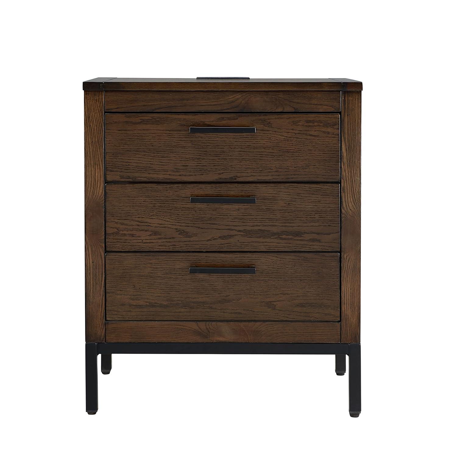 Tableau Nightstand Side Table With Top Drawer and Hidden Lower Cabinet Rustic Modern – USB-C Fast Charging Station, A/C and USB Charging Port Integrated – Durable Solid Wood, Distressed Riverstone