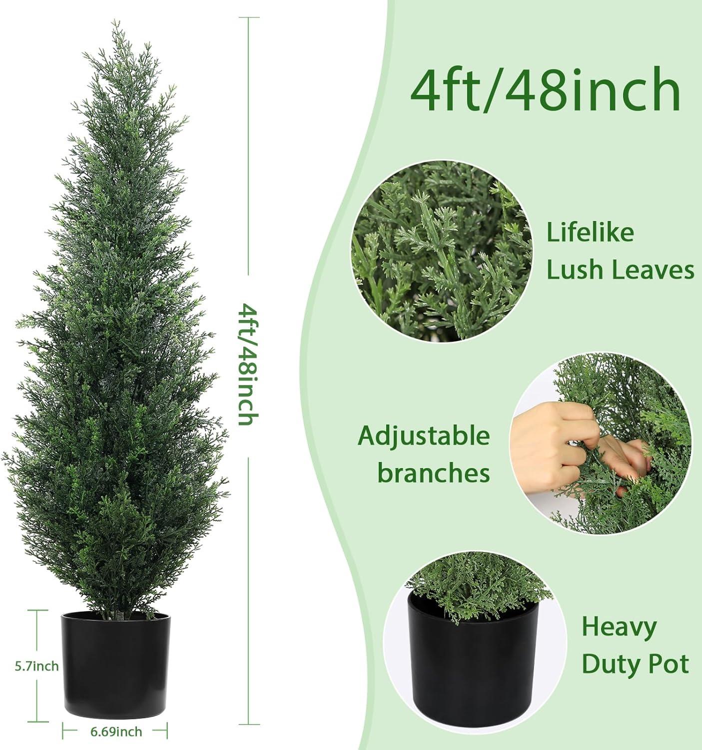 4FT 2-Pack Artificial Cedar Topiary Trees UV Resistant Potted Shrubs Fake Plants, Faux Pine Tree Plant for Home Office Garden Front Porch Patio Indoor Outdoor Party Wedding  Decor