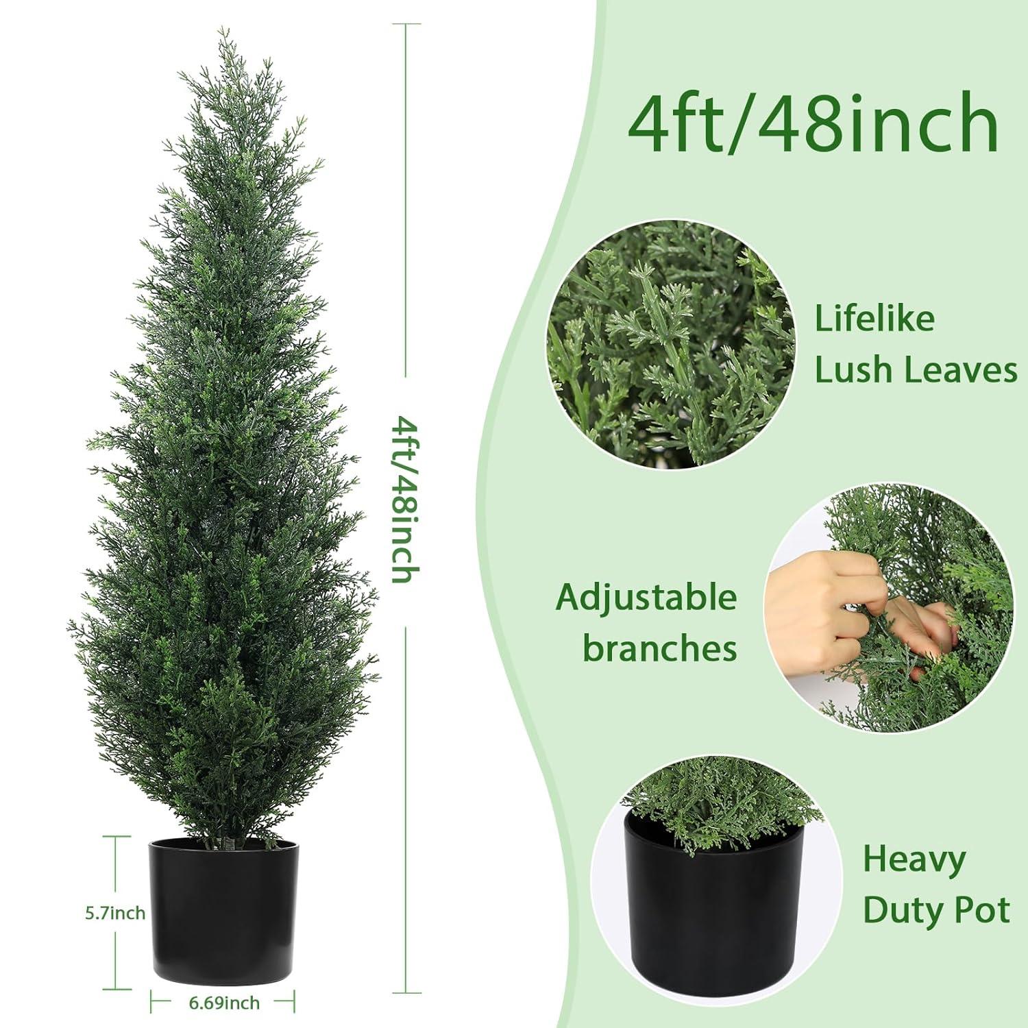 4FT 2-Pack Artificial Cedar Topiary Trees UV Resistant Potted Shrubs Fake Plants, Faux Pine Tree Plant for Home Office Garden Front Porch Patio Indoor Outdoor Party Wedding  Decor