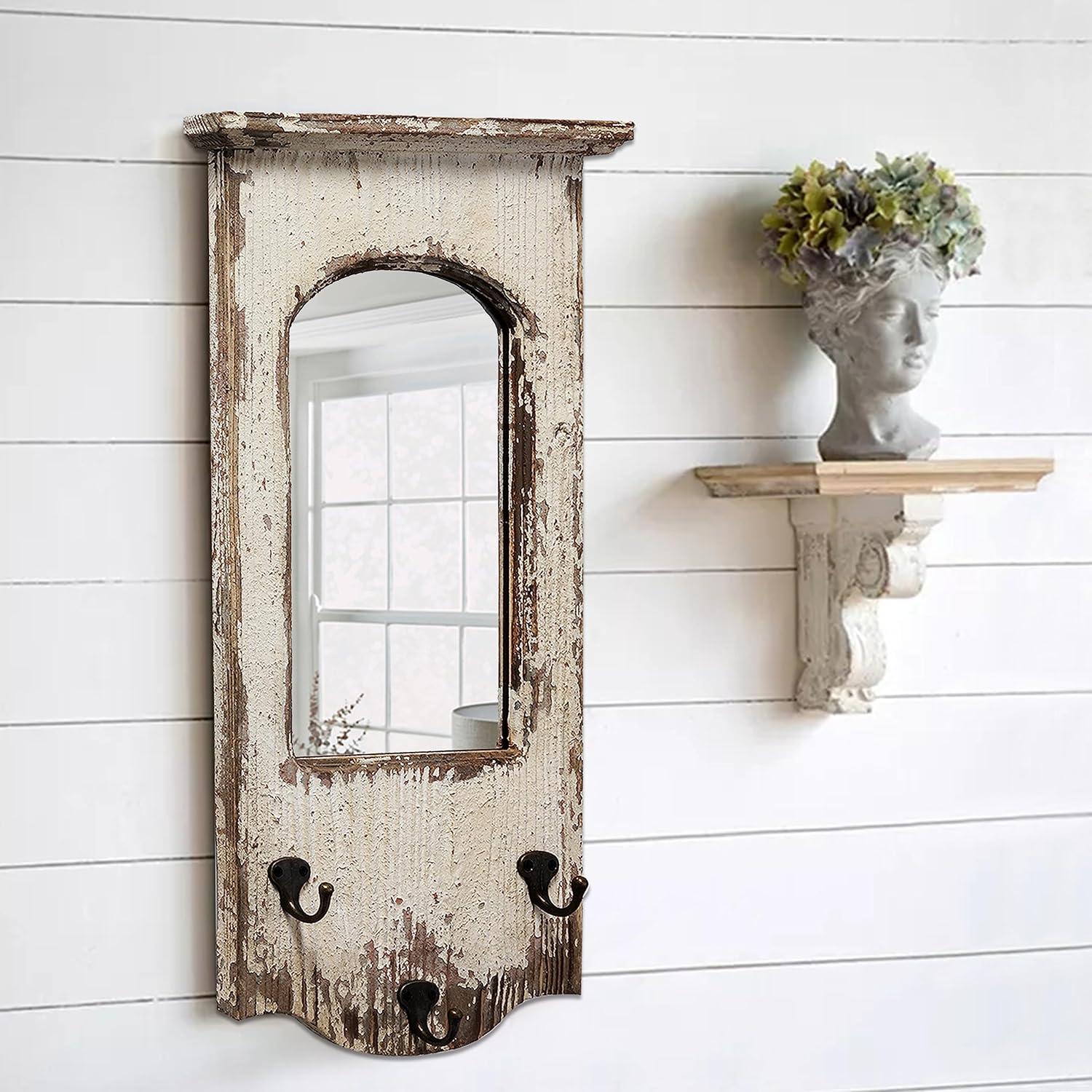 Sintosin Rustic Entryway Arched Wall Mirrors with 3 Metal Hooks 12" x 22", Hanging Distressed White Wood Frame Farmhouse Bathroom Mirrors for Vanity, Vintage Large Ornate Mirror Wall Decor Living Room