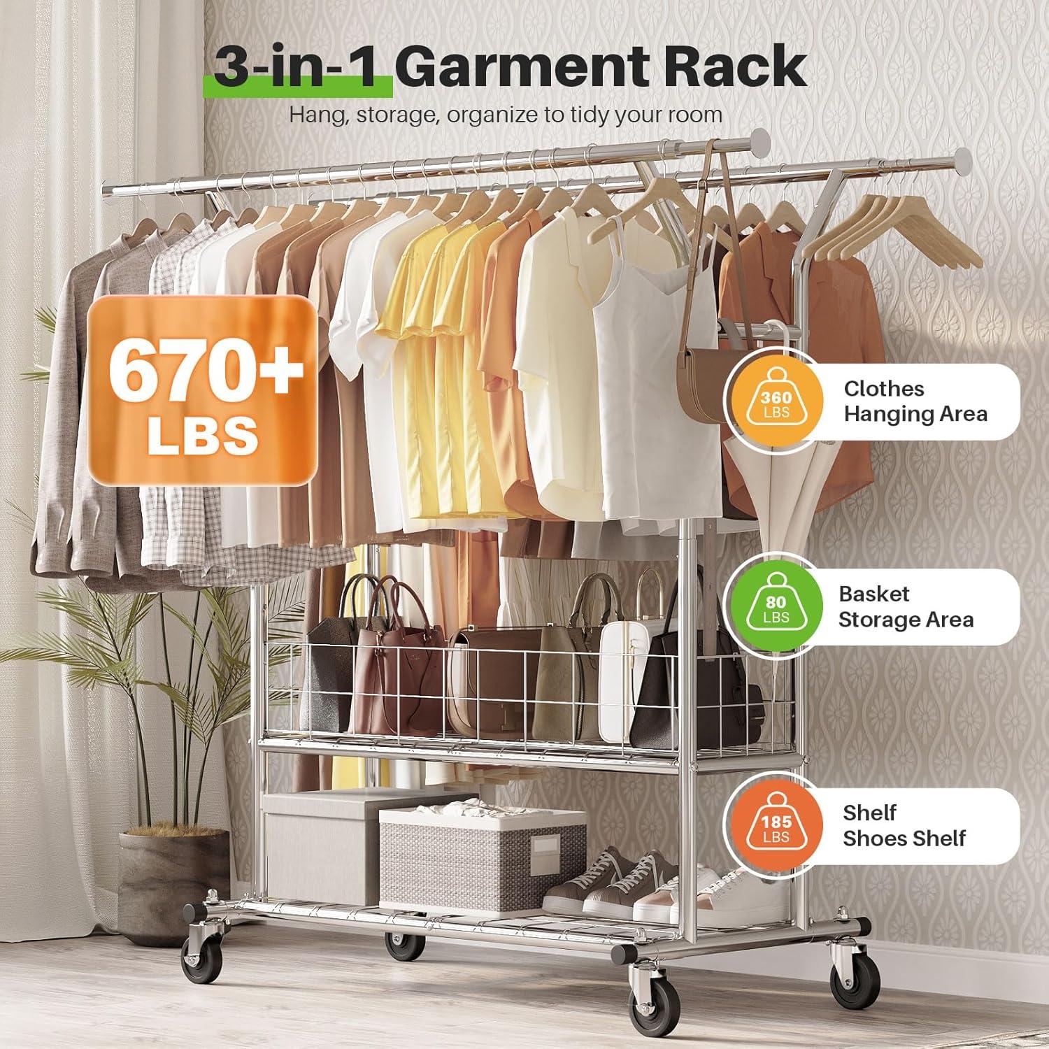 HOKEEPER Heavy Duty Clothing Clothes Rack for Hanging Clothes Adjustable Rolling Garment Rack with Wheels for Bedroom, Living Room (Double Rod with Metal Basket)