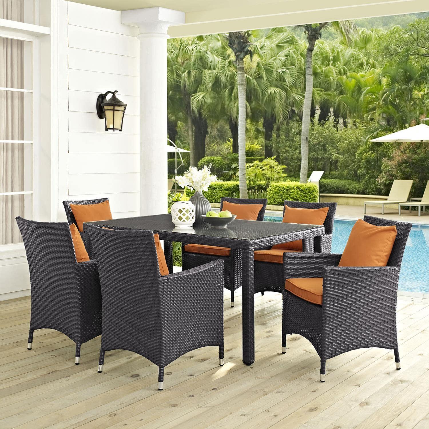 Modway Convene 7 Piece Outdoor Patio Dining Set in Espresso Orange