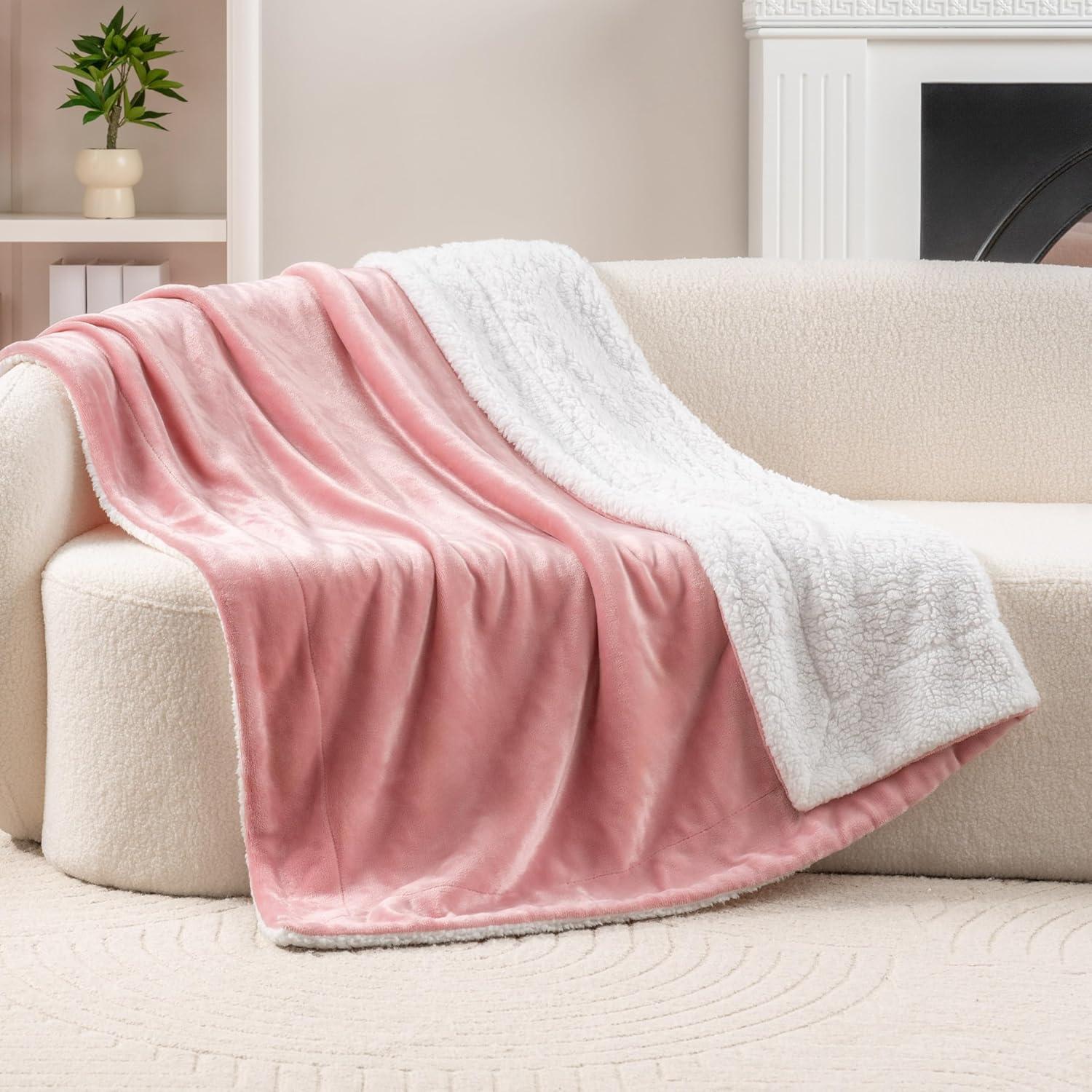 Berkshire Blanket-Sherpa Throw Blanket, Warm and Soft Loftmink Reversible Throw for Couch, Sofa and Travel, Frosty Mauve, 50 in x 60 in