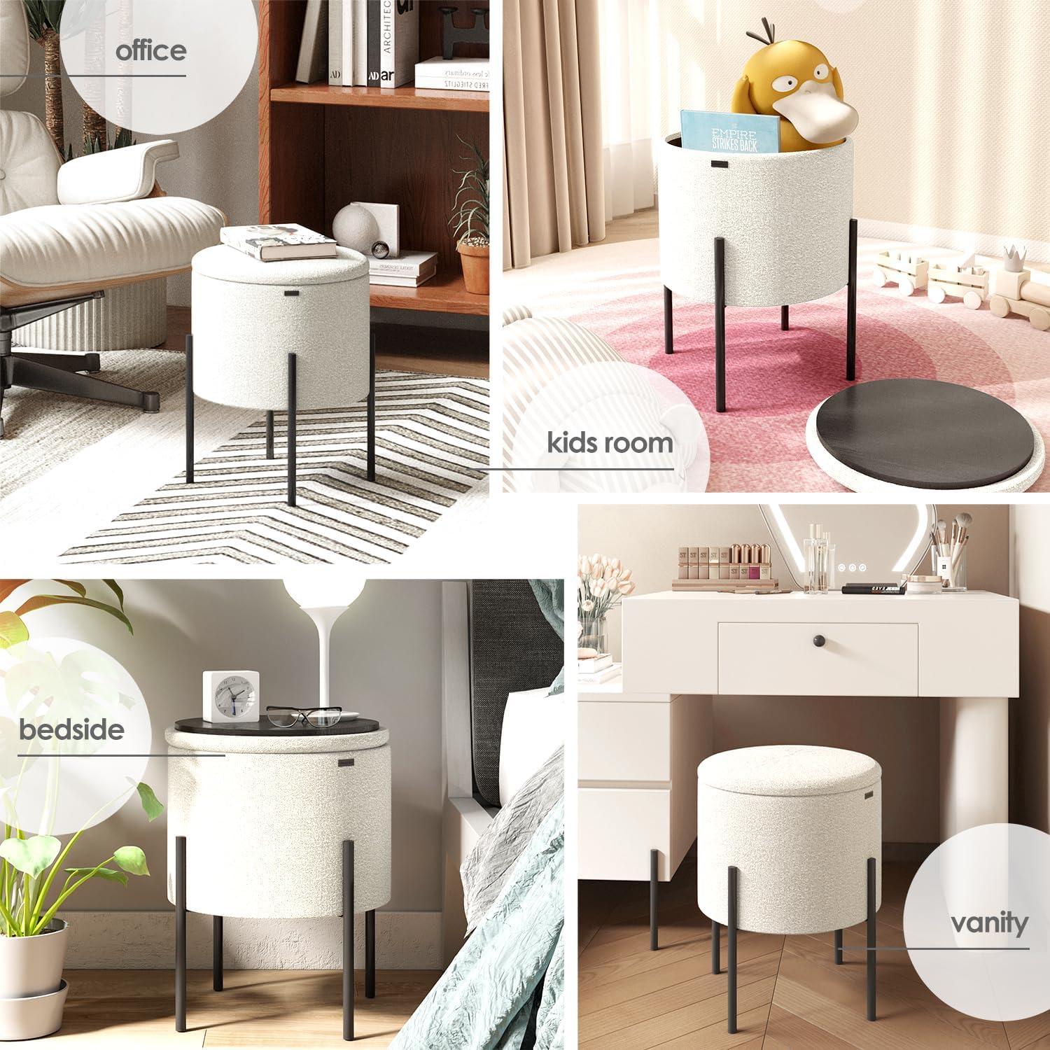 StorageBud Round Ottoman with Storage, Modern Boucle Storage Ottoman, Small Foot Stool Ottoman for Living Room and Bedroom, White