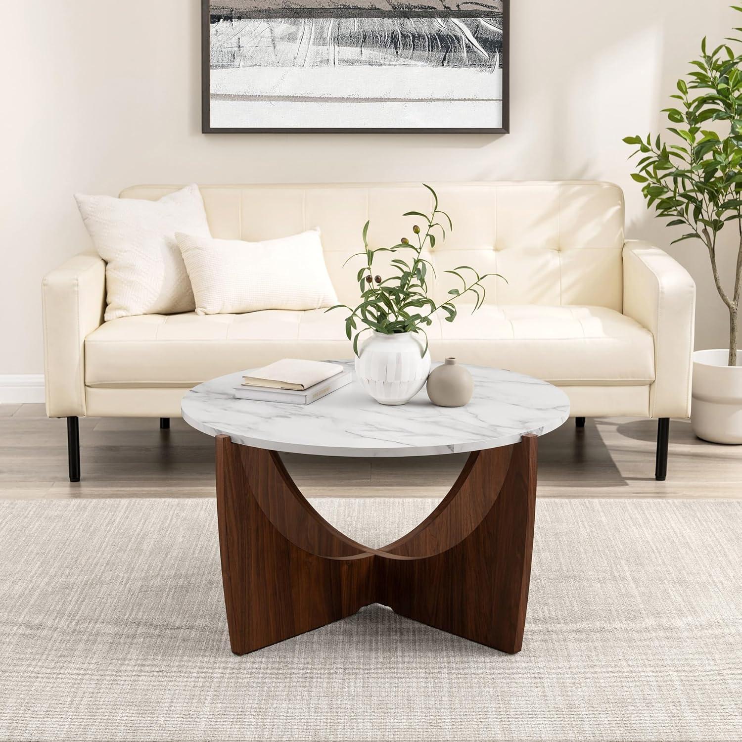 Walker Edison Modern Round Scoop-Base 35” Coffee Table - Calacatta Marble/Dark Walnut