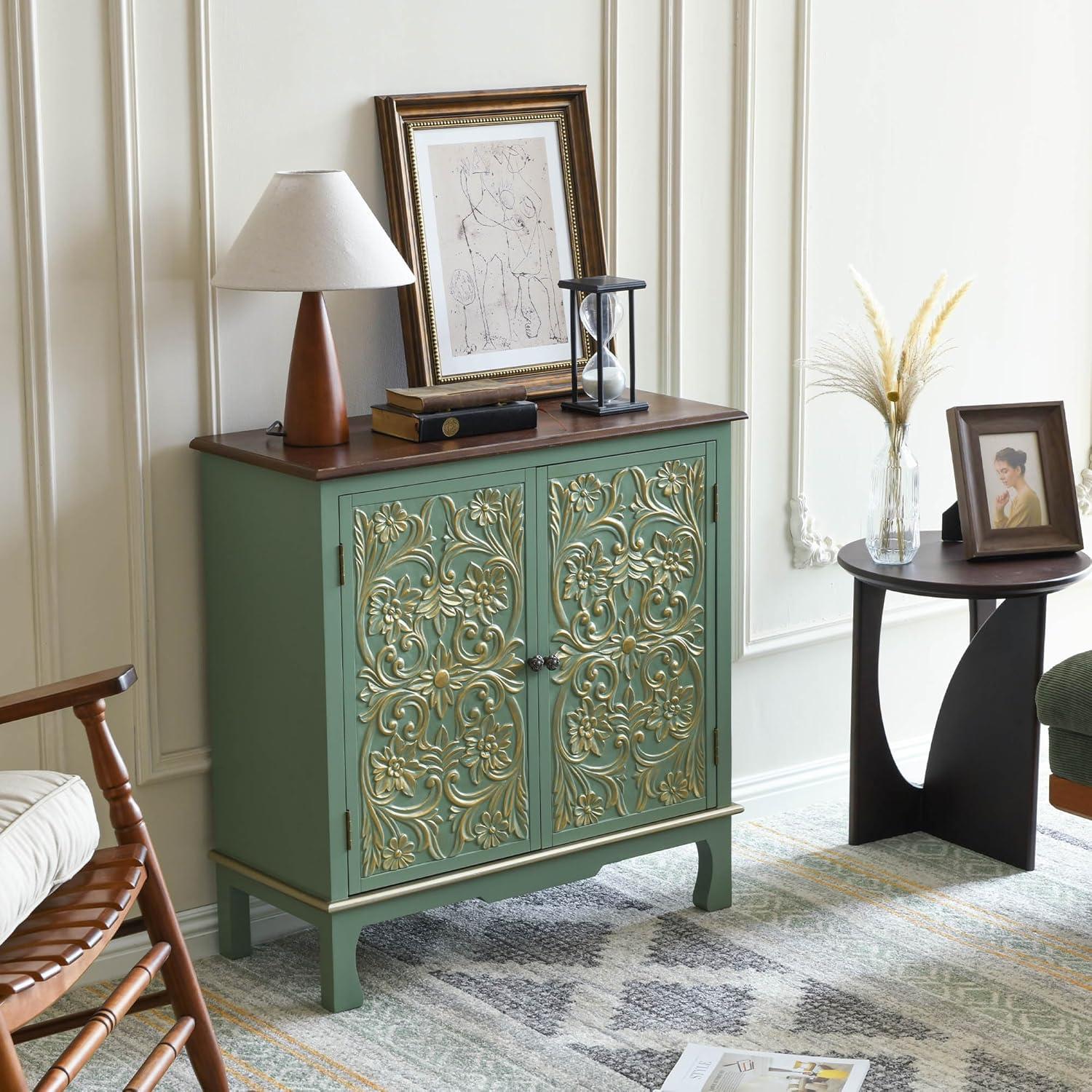 Sage Green and Gold Embossed Two-Door Accent Cabinet