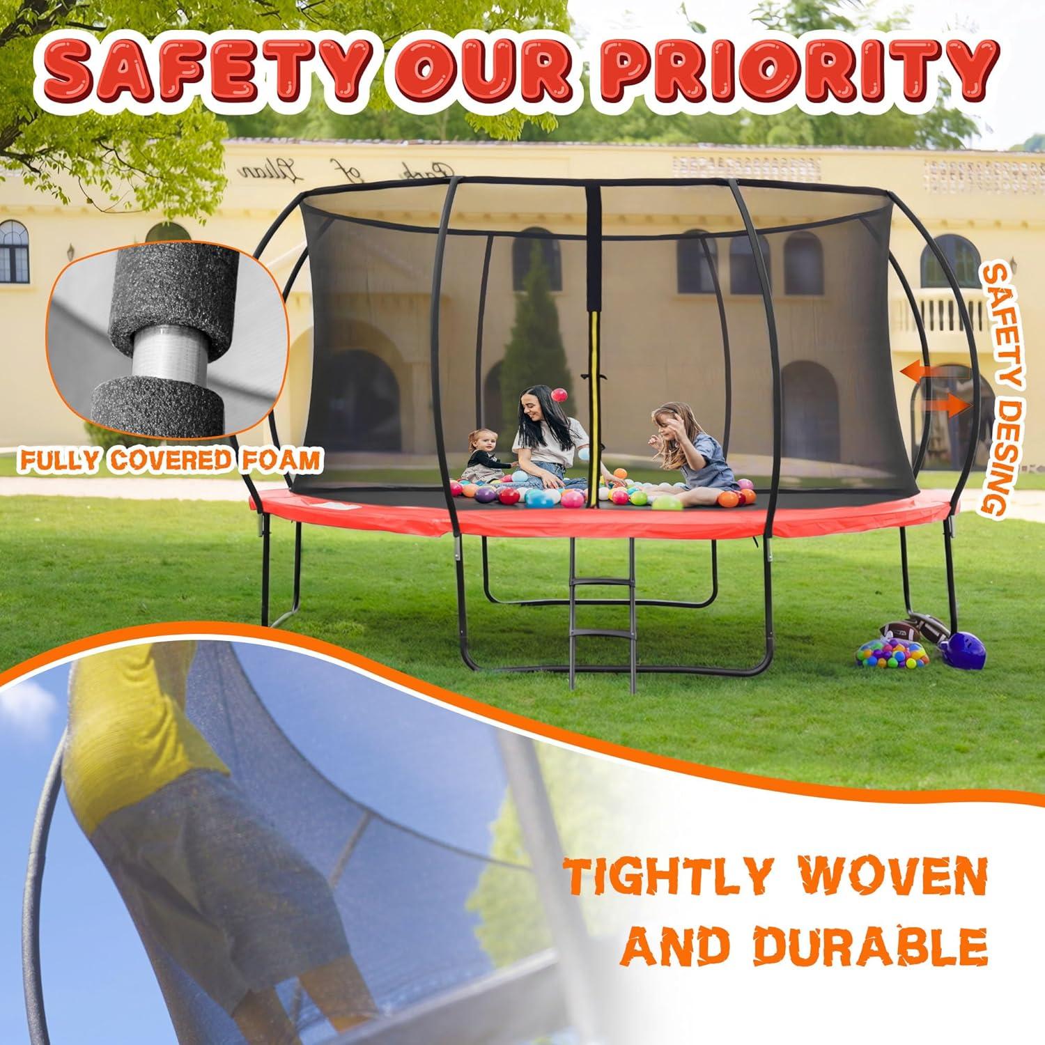 12FT Red Round Trampoline with Enclosure and Ladder