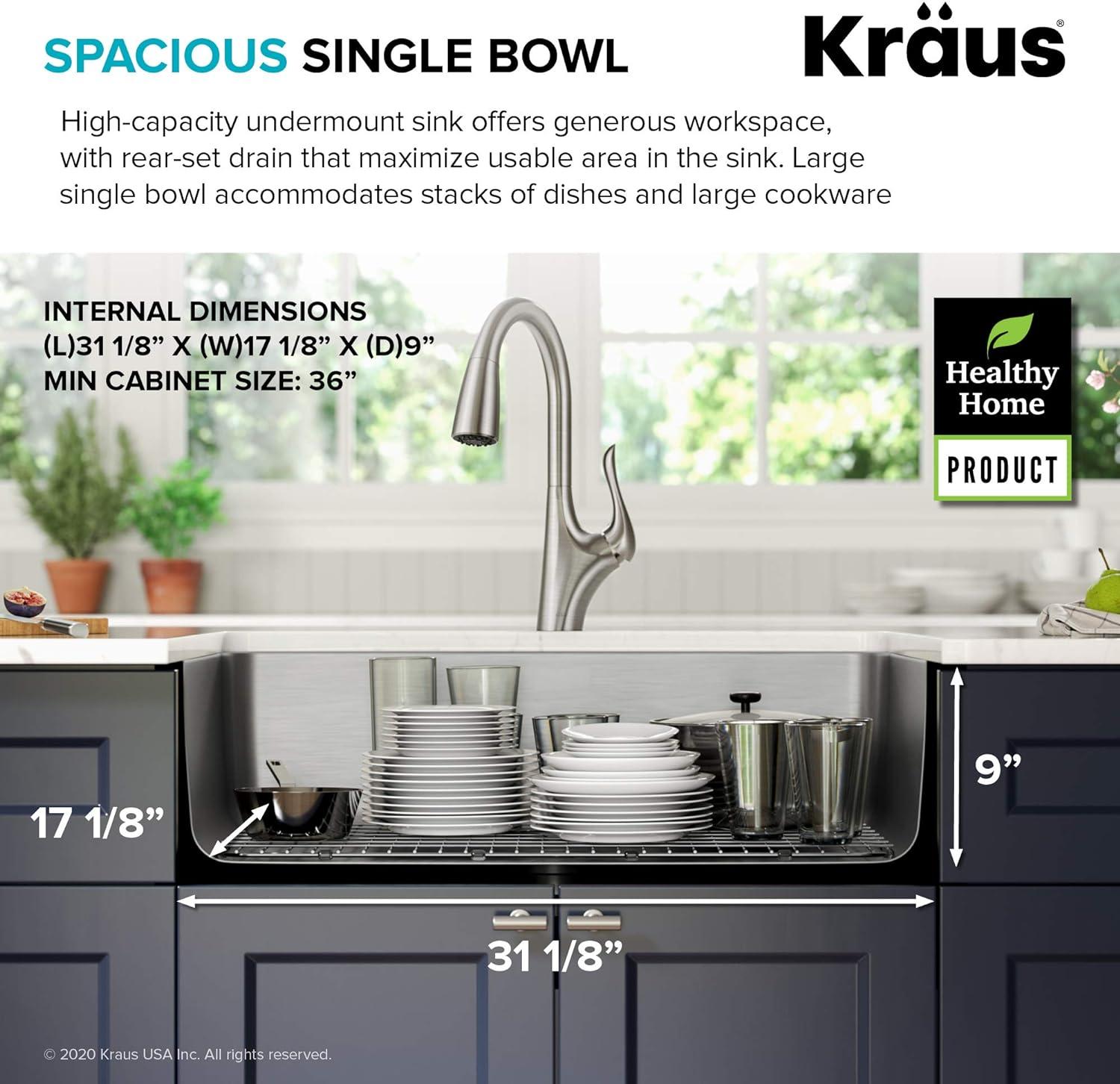 Dex™️ Series KRAUS 33" L Undermount 16 Gauge Stainless Steel Single Bowl Kitchen Sink