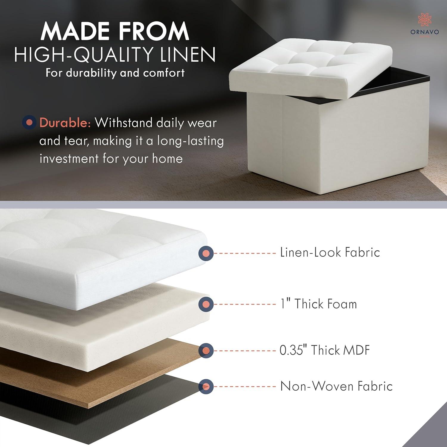 Small White Tufted Linen Foldable Storage Ottoman