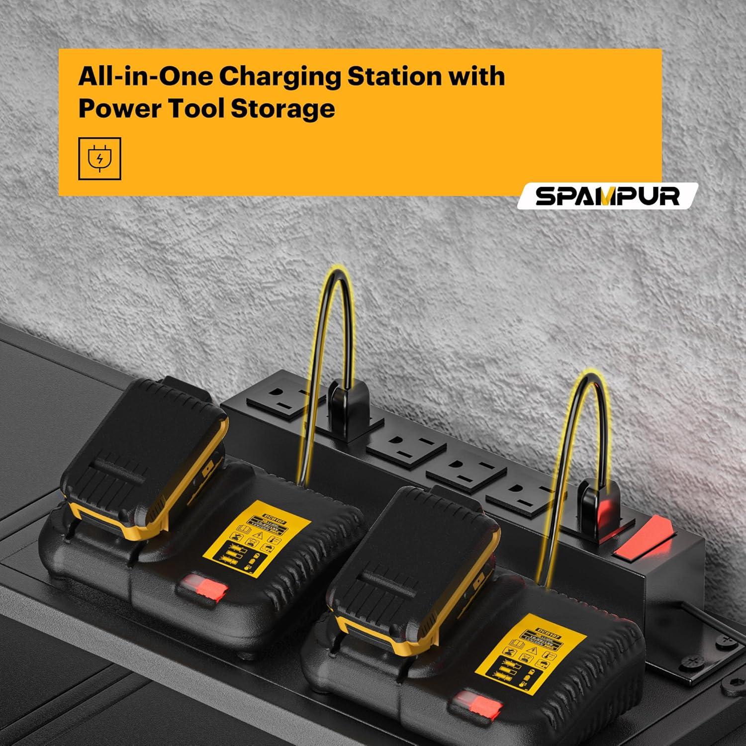 UNIVERSAL WINDOW SOLUTIONS Power Tool Organizer With Charging Station, 8 Drill Holder Wall Mount, 4 Layer Storage Rack For Garage Storage, Heavy Duty Utility Racks, Tool Battery Shelf With 6 Outlet Power Strip