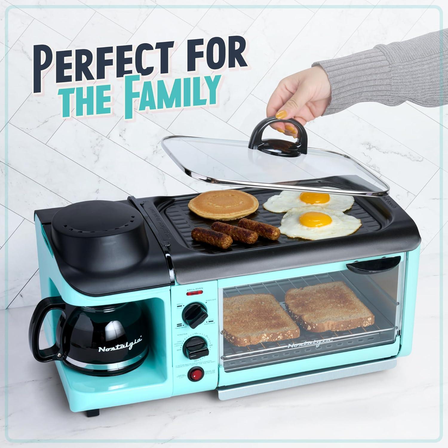 Nostalgia Electrics Retro 3-in-1 Family Size Griddle Aqua: Breakfast Station with Coffee Maker & Toaster, Ceramic Surface