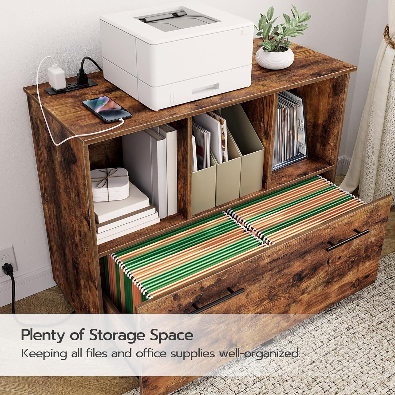 Rustic Brown Mobile Wooden File Cabinet with Charging Station