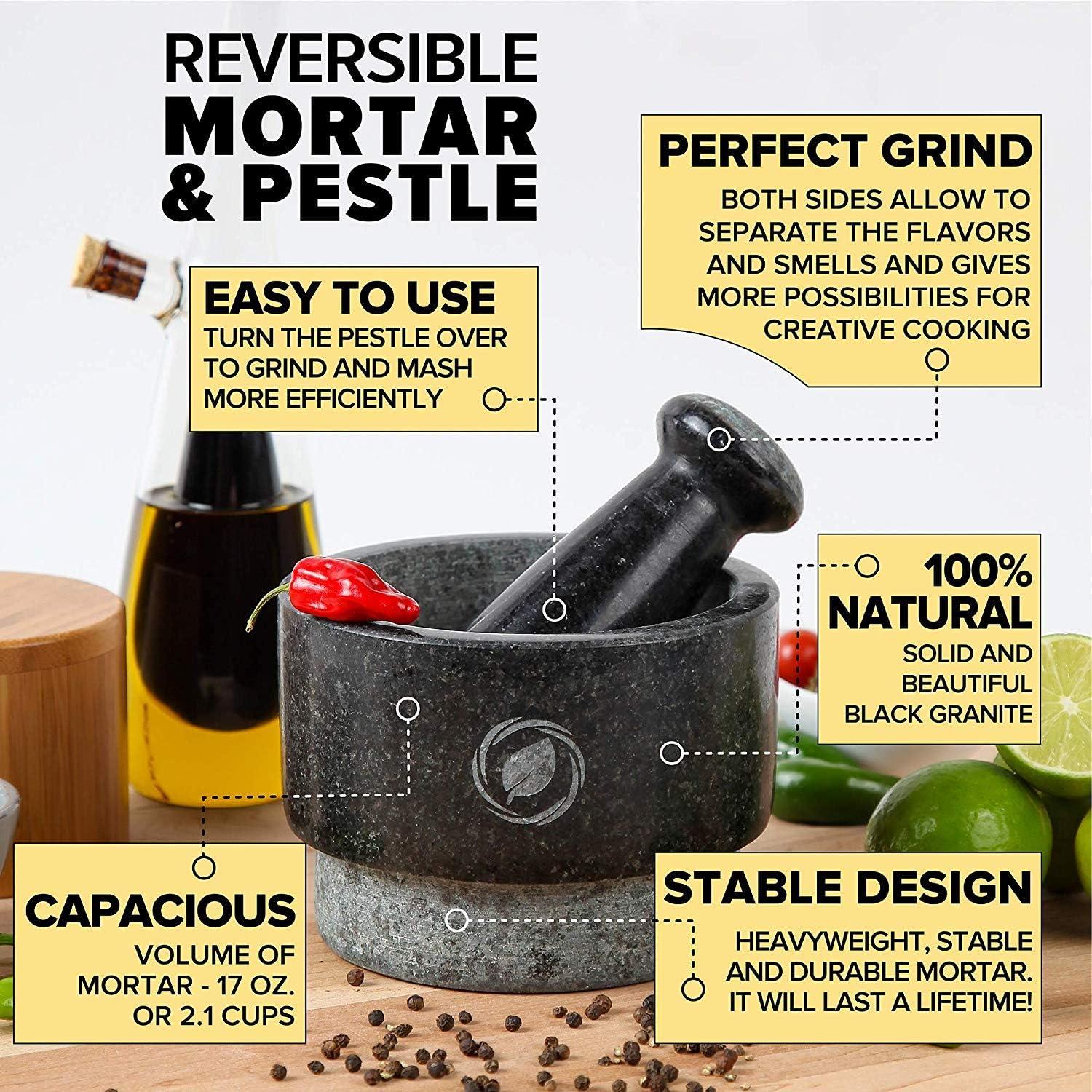 Mortar and Pestle Large Set - Laevo Black Granite Stone Spice Grinder, 2.1 Cup Capacity, 5.5 Inches - Reversible Molcajete Mexicano - Guacamole, Spices - Large Mortar and Pestles Set