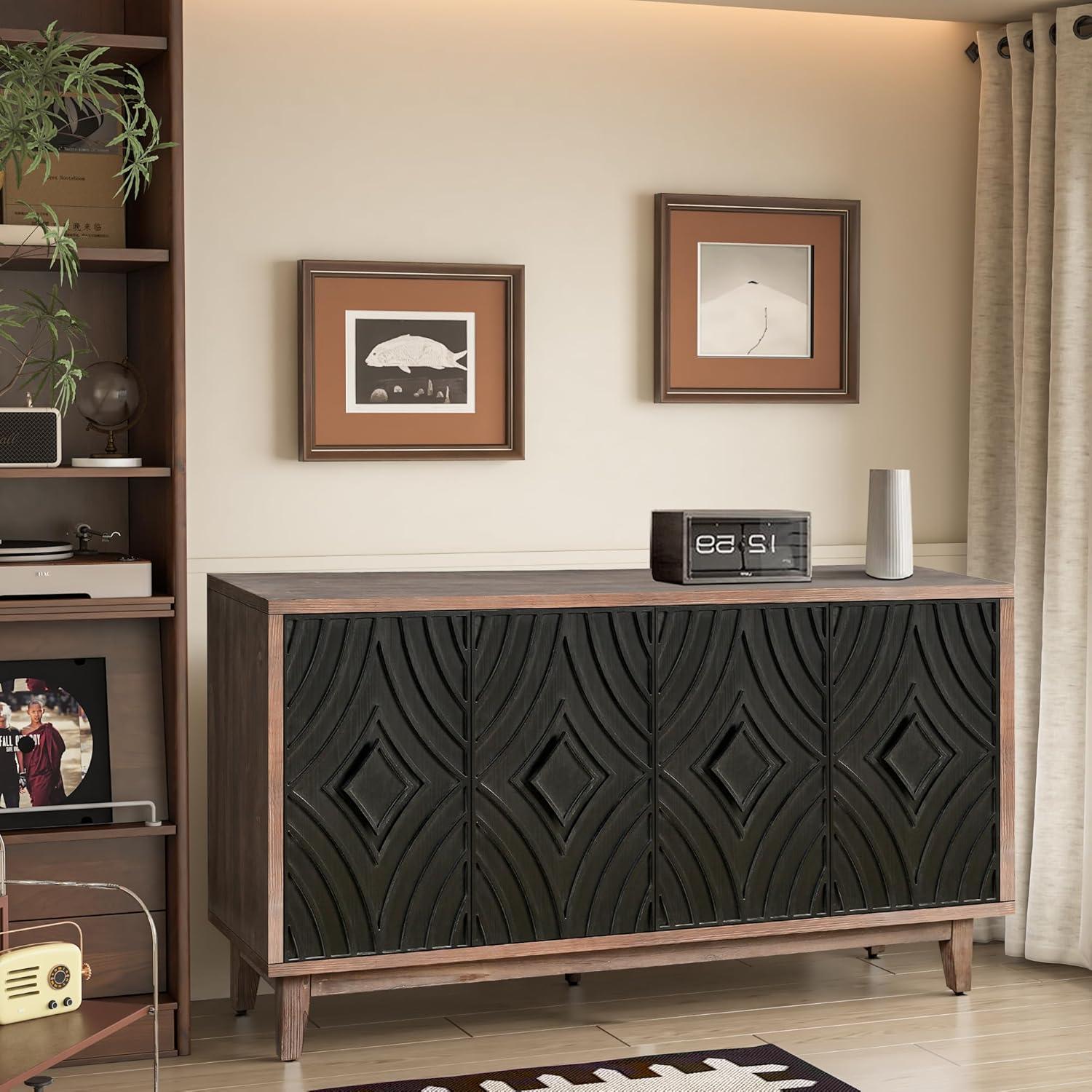 Mid-Century Black and Walnut Sideboard Buffet Cabinet with Diamond Pattern Doors