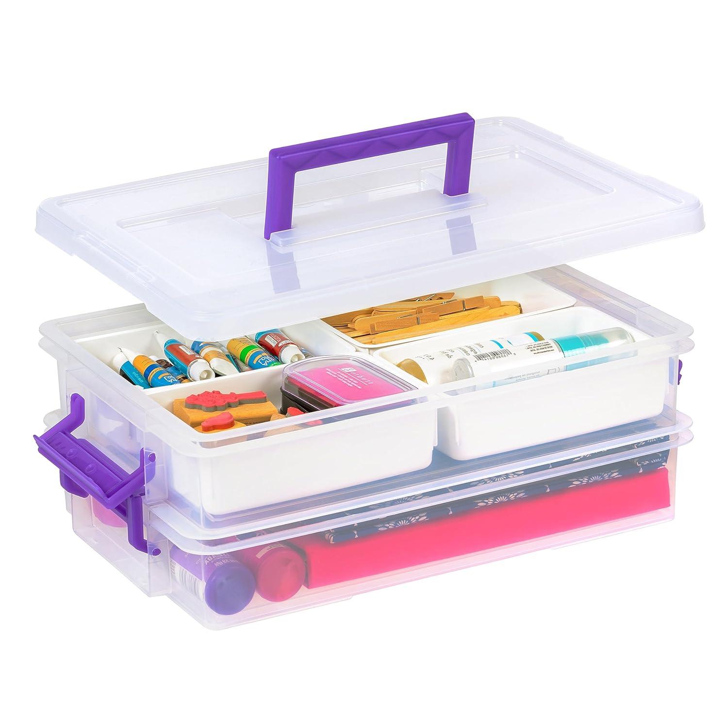 IRIS USA 9.4 Qt 2 Layer Stack and Carry Storage Containers with Bulked-Up Lid and 4 Removable Dividers, Clear/Violet