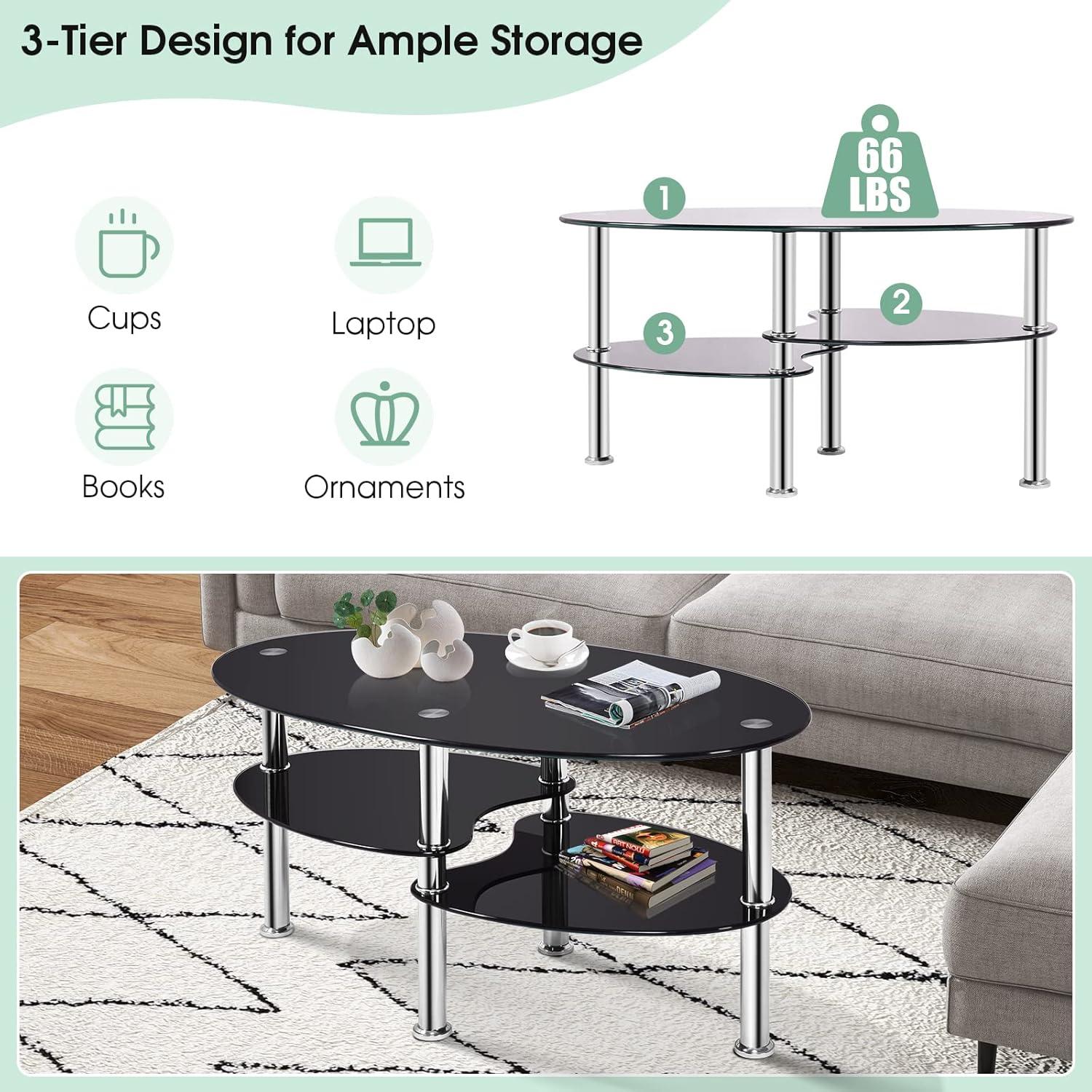 Costway Tempered Glass Oval Side Coffee Table Shelf Chrome Base Living Room Black