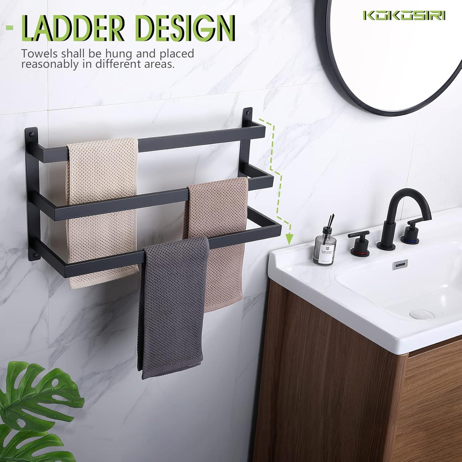 KOKOSIRI Bath Towel Bars Matte Black Bathroom 3-Tiers Ladder Towel Rails Wall Mounted Towels Shelves Rack Stainless Steel B5002BK-L24