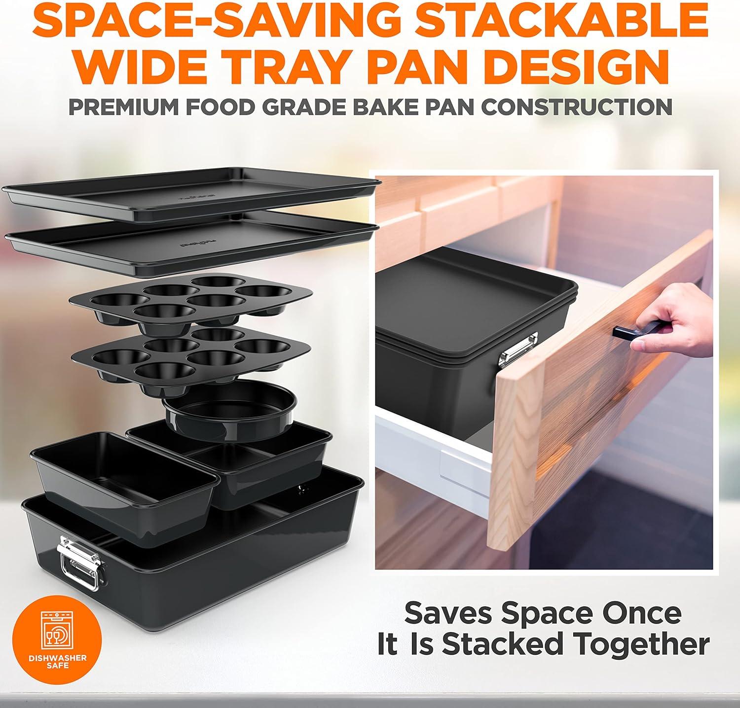 NutriChef 8-Piece Nonstick Stackable Bakeware Set - Pfoa, Pfos, Ptfe Free Baking Tray Set W/ Non-Stick Coating, 450°F Oven Safe, Round Cake, Loaf, Muffin, Wide/Square Pans, Cookie Sheet