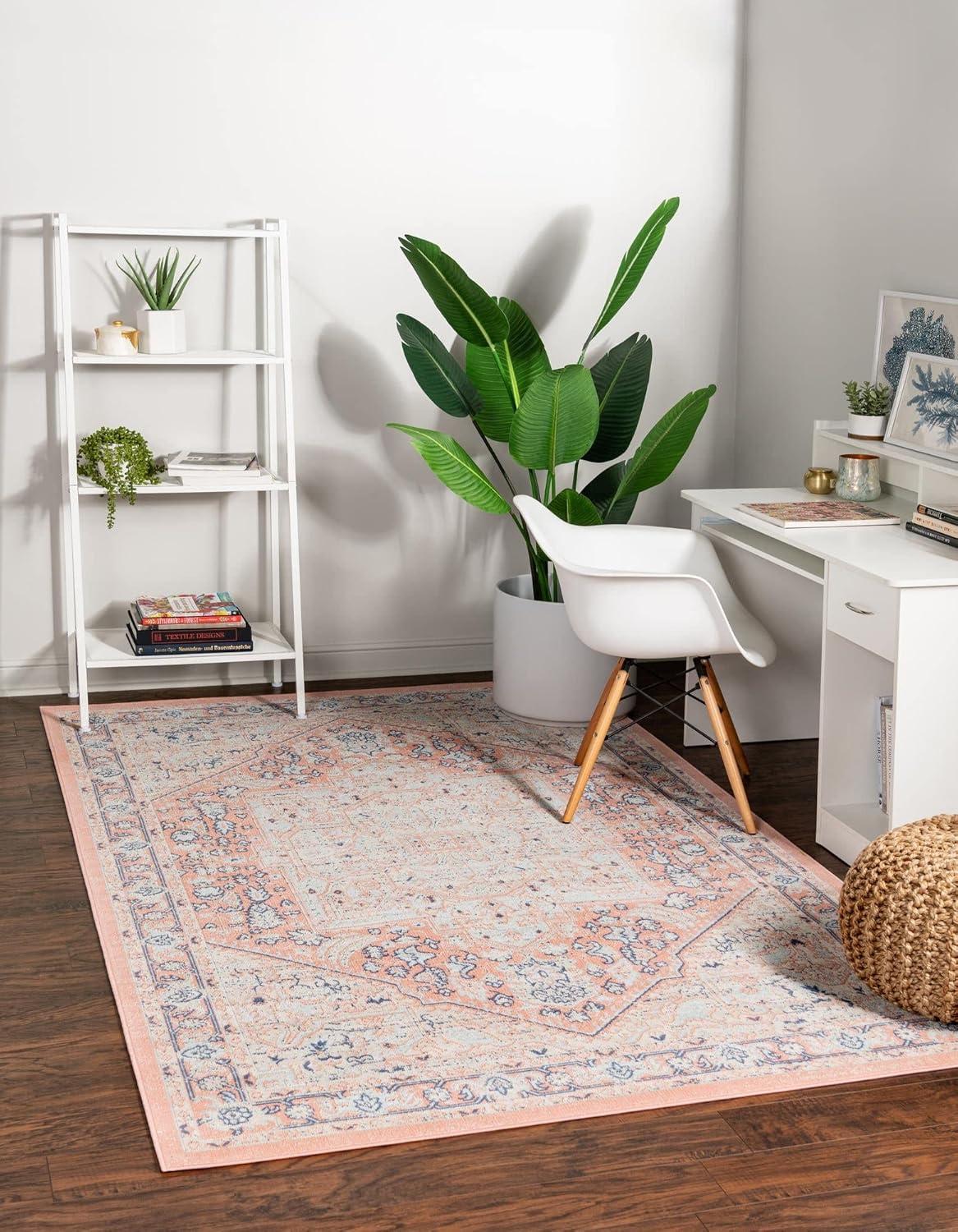 Powder Pink Medallion Synthetic Easy-Care Round Rug