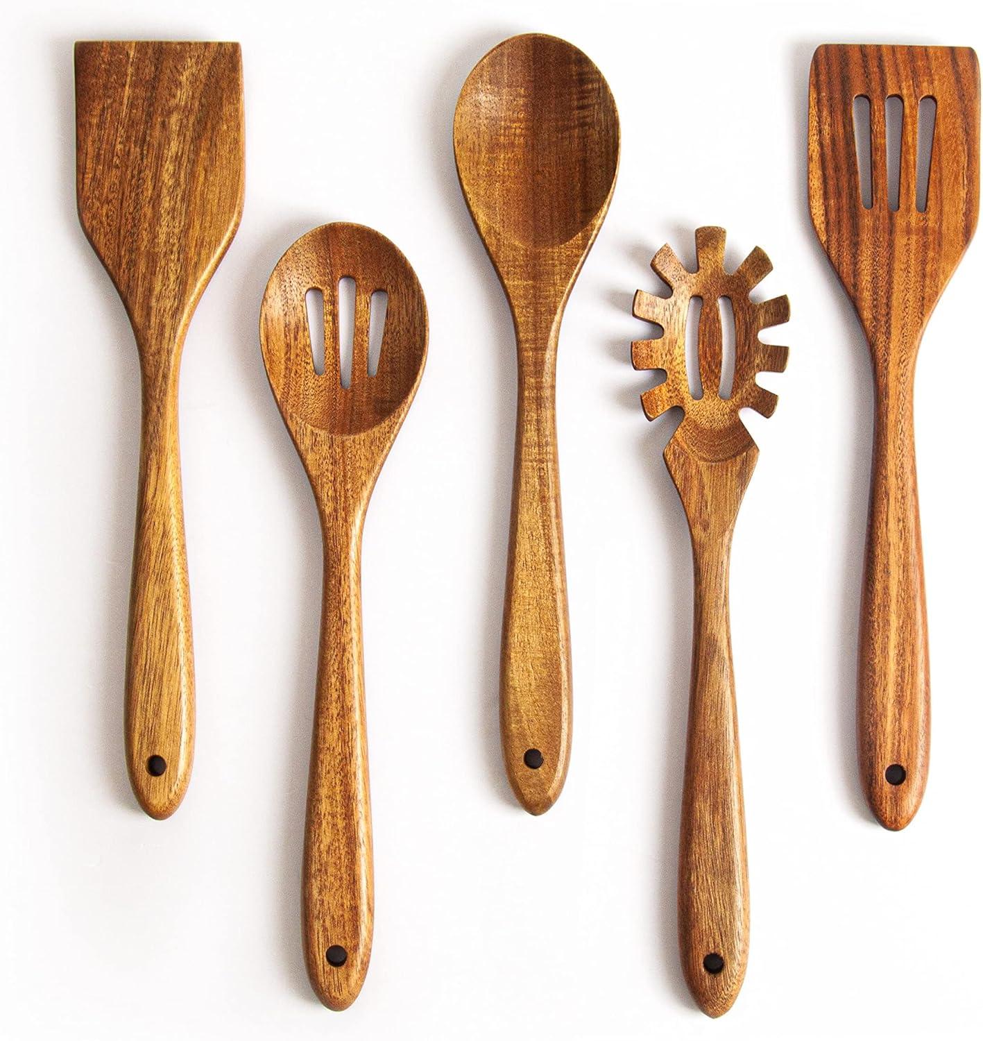 5Pcs Kitchen & Cooking Utensils Set - Wooden Spatula, Slotted & Pasta Spoon - Essential Wooden Utensil Set