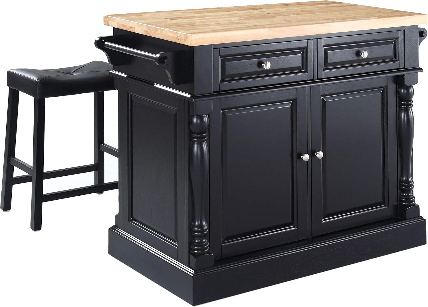 Oxford Kitchen Island with 2 Upholstered Saddle Stools Black - Crosley: Pass-Through Storage, Towel Bars, Wood Veneer