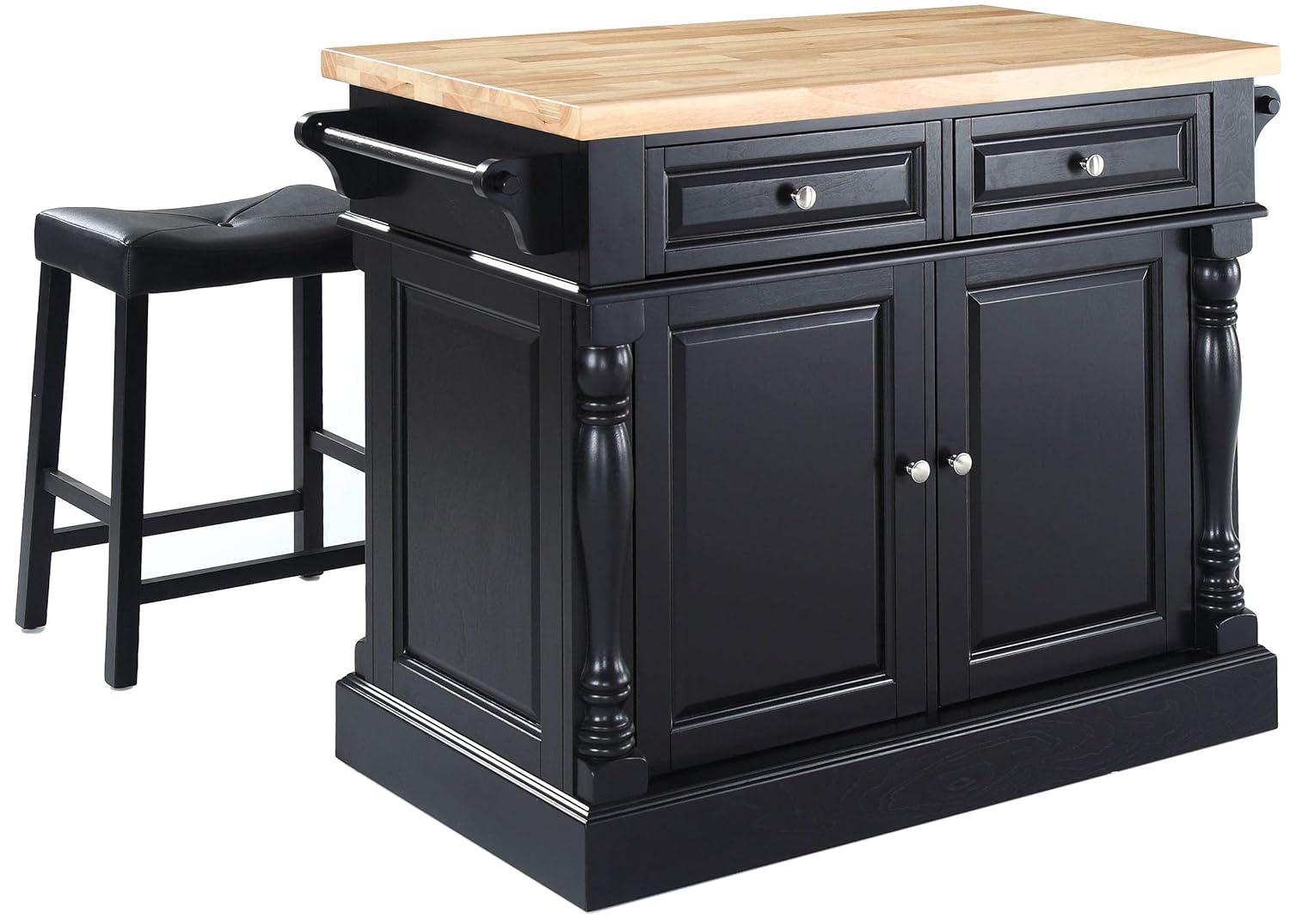 Oxford Kitchen Island with 2 Upholstered Saddle Stools Black - Crosley: Pass-Through Storage, Towel Bars, Wood Veneer