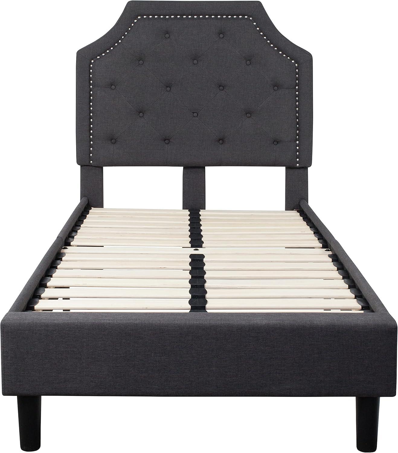 Dark Gray Twin Upholstered Platform Bed with Nailhead Trim