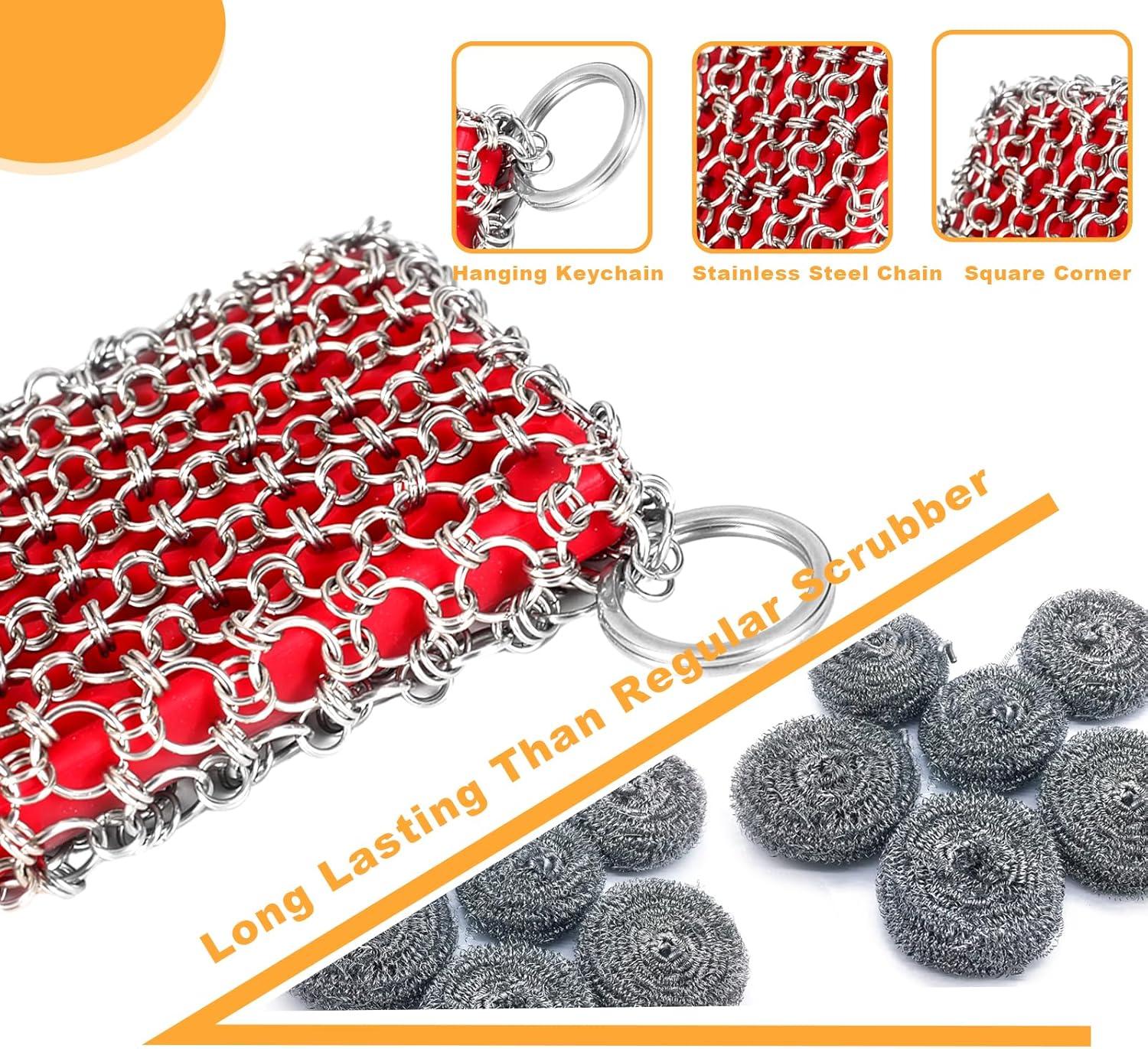 Red Silicone and Stainless Steel Chainmail Cast Iron Scrubber