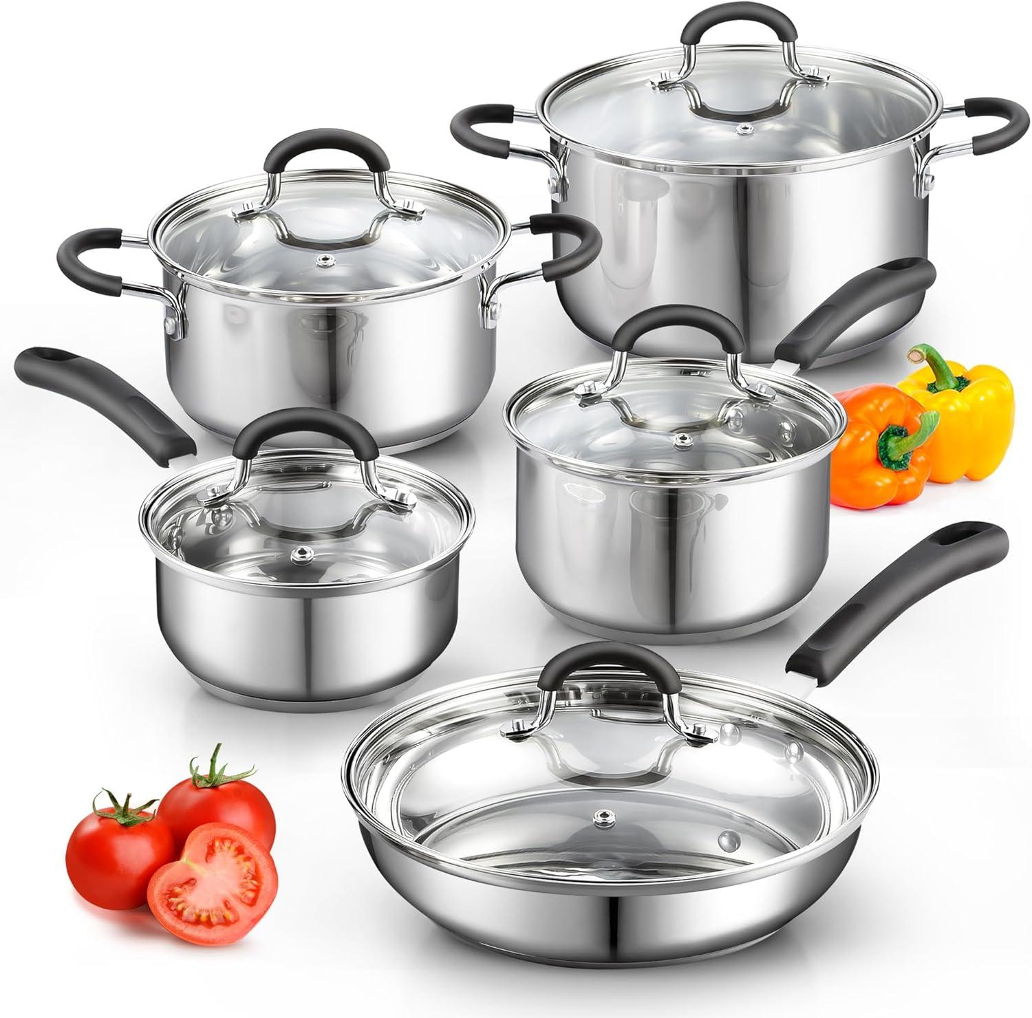 10-Piece Stainless Steel Cookware Set with Stay-Cool Handles