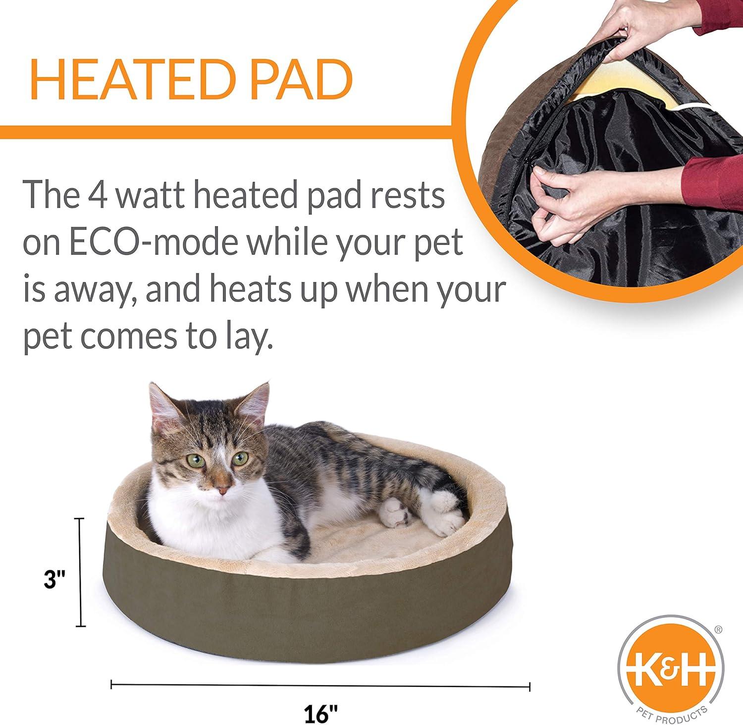 K&H Pet Products Thermo-Kitty Cuddle Up Indoor Heated Cat Bed for Dogs & Cats, Washable Pet Bed, Round Thermal Cat Mat with Short Bolster - Mocha 16 Inches