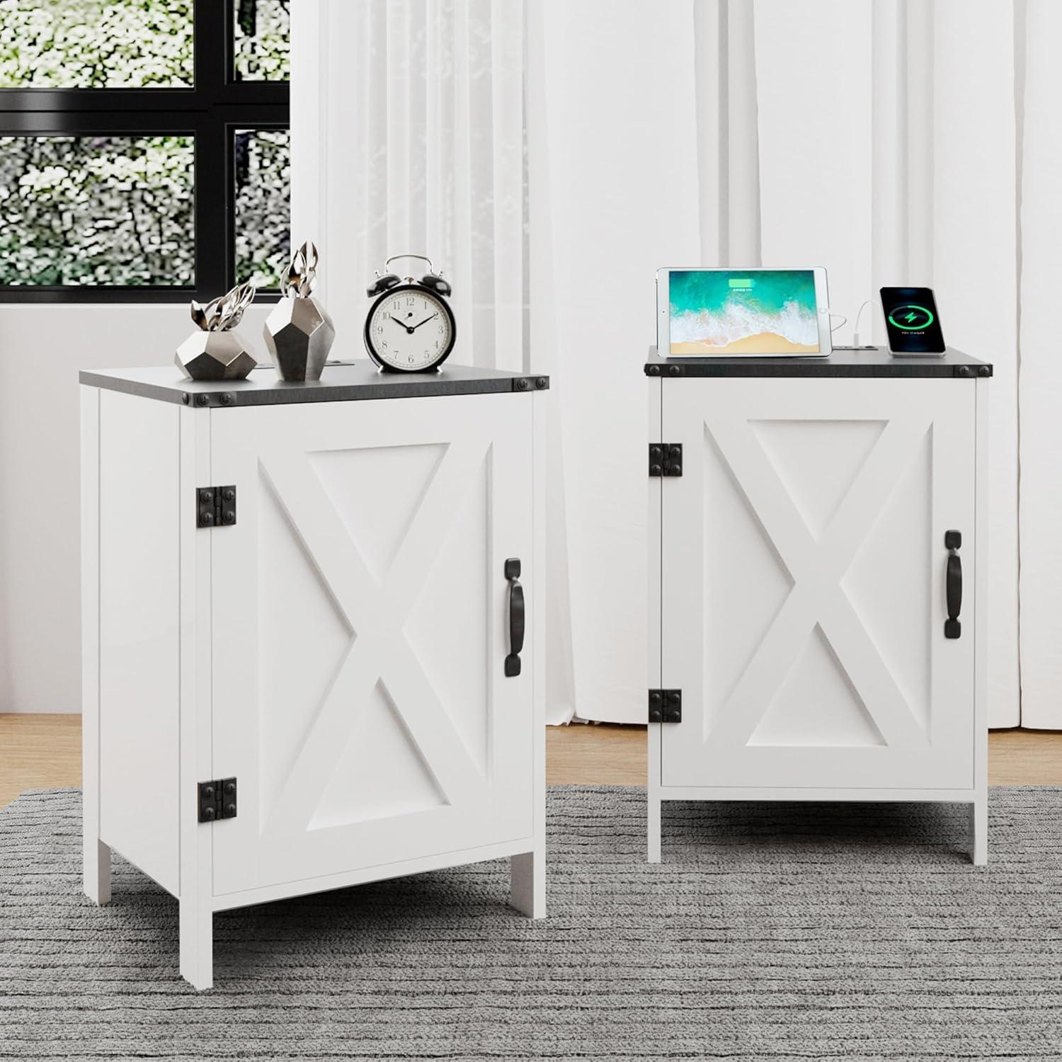 Wood Nightstands with Charging Station End Table Bedside Tables with Barn Door