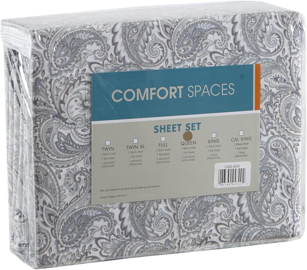 Comfort Spaces 100% Cotton Queen Sheet Set 4-Pieces Gray Paisley Lightweight Breathable All Season Cozy Sheet Set