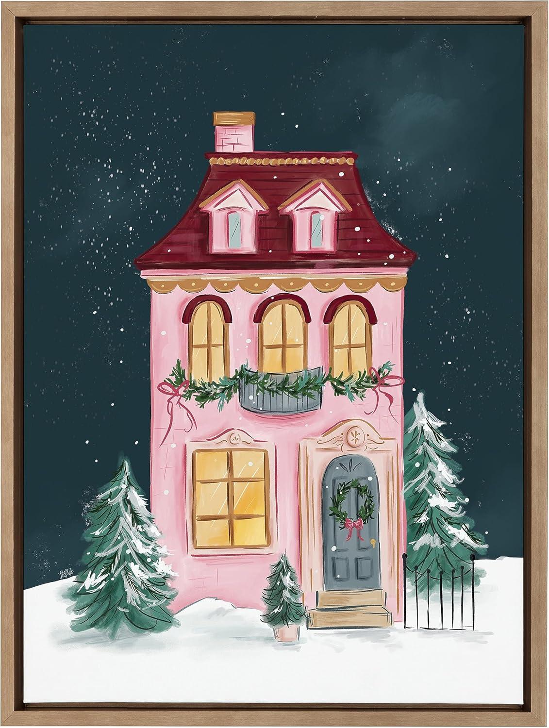 Kate and Laurel Sylvie Holiday Victorian Framed Canvas Wall Art by Valerie McKeehan of Lily and Val, 18x24 Gold, Christmas House Art for Wall