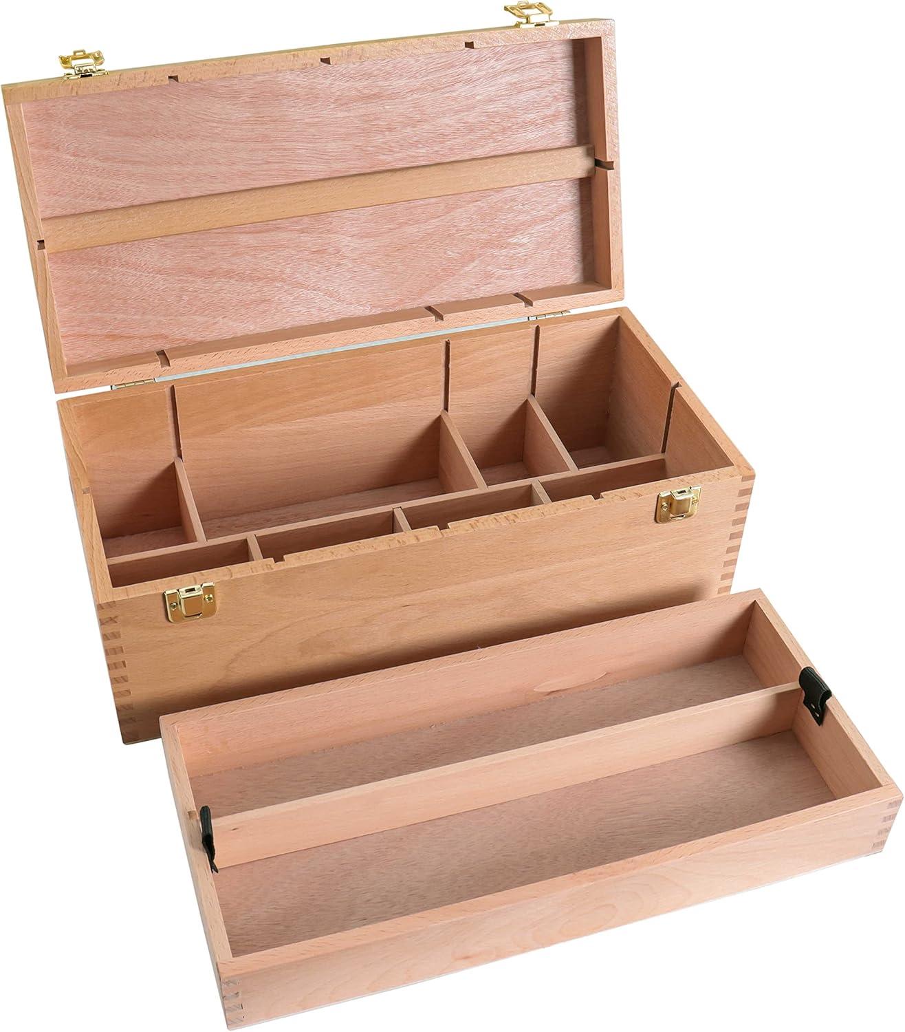 U.S. Art Supply Multi-Function Unfinished Beechwood Artist Tool Storage Box with Removable Tray & Locking Clasps - Protect and Organize and Transport Paints, Pencils, Tools & Supplies