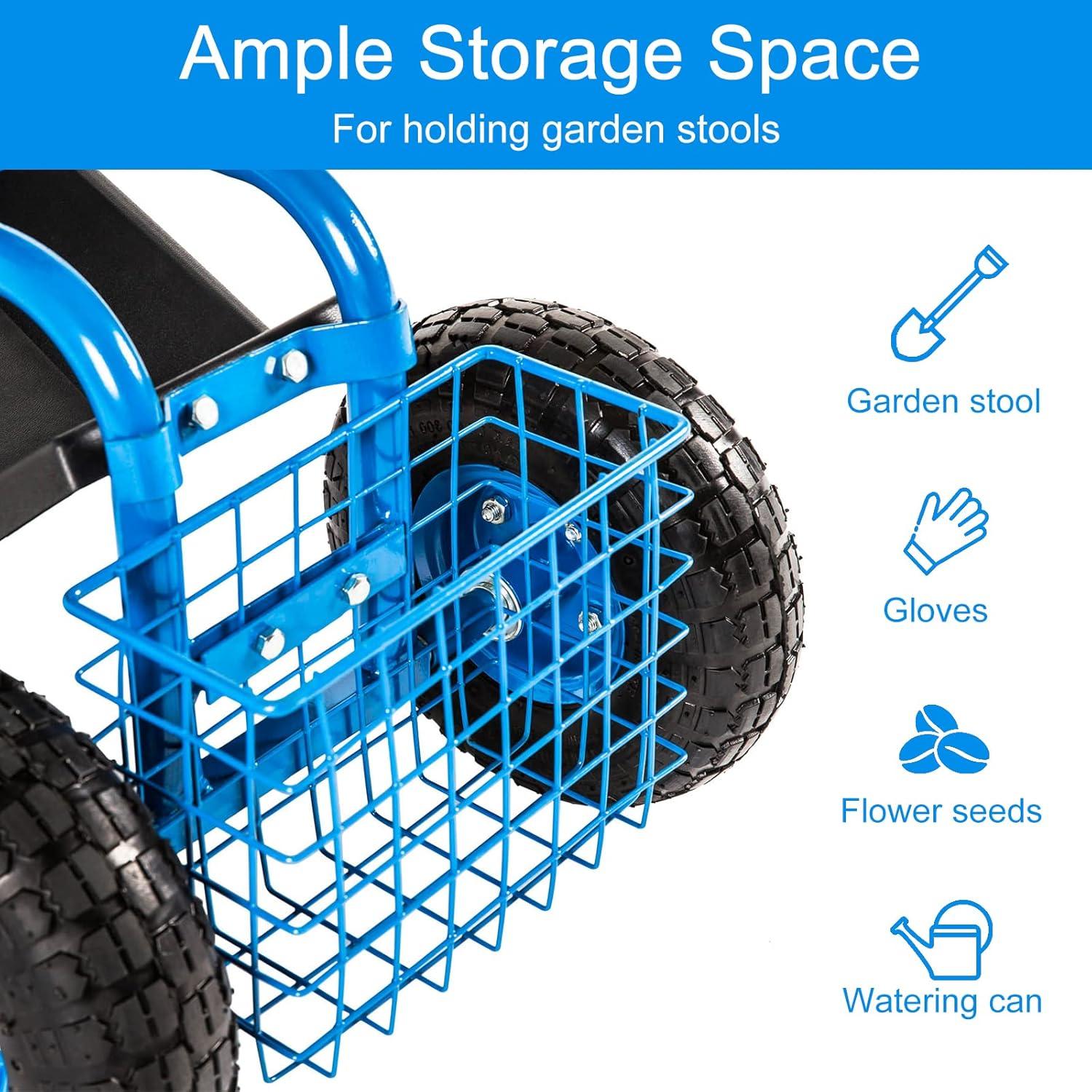 Rolling Garden Cart Scooter Stool - Garden Seat with Wheels Garden Cart with Seat, Adjustable Handle 360 Degree Swivel (Blue)