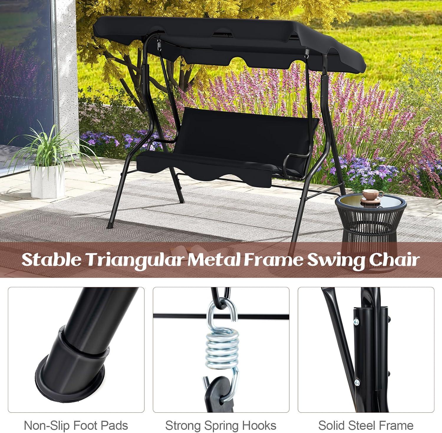Black Steel Frame 3-Person Patio Swing with Adjustable Canopy