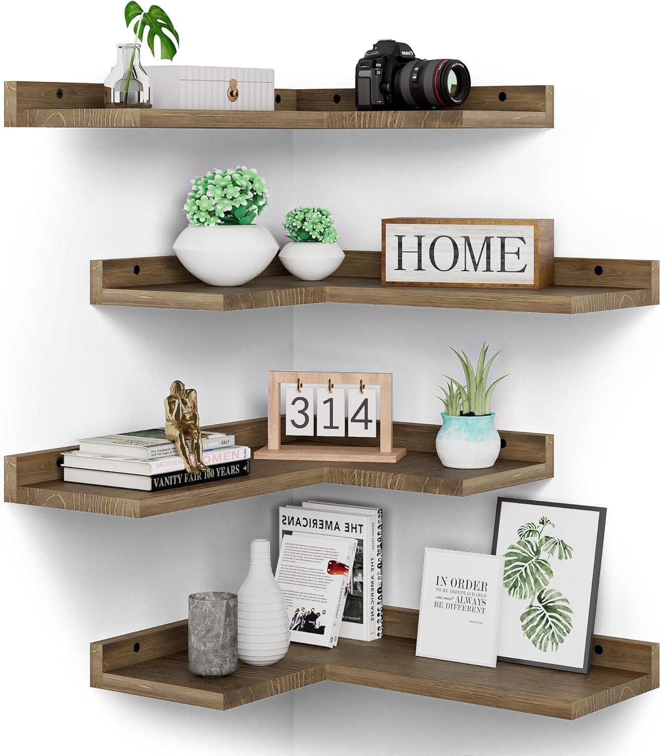 Floating Corner Shelves Set of 4, Rustic Pine Wooden Floating Corner Wall Shelf for Wall Décor Storage, L Shaped Corner Shelf Wall Mount For Bedroom, Living Room, Bathroom, Kitchen, Light Brown
